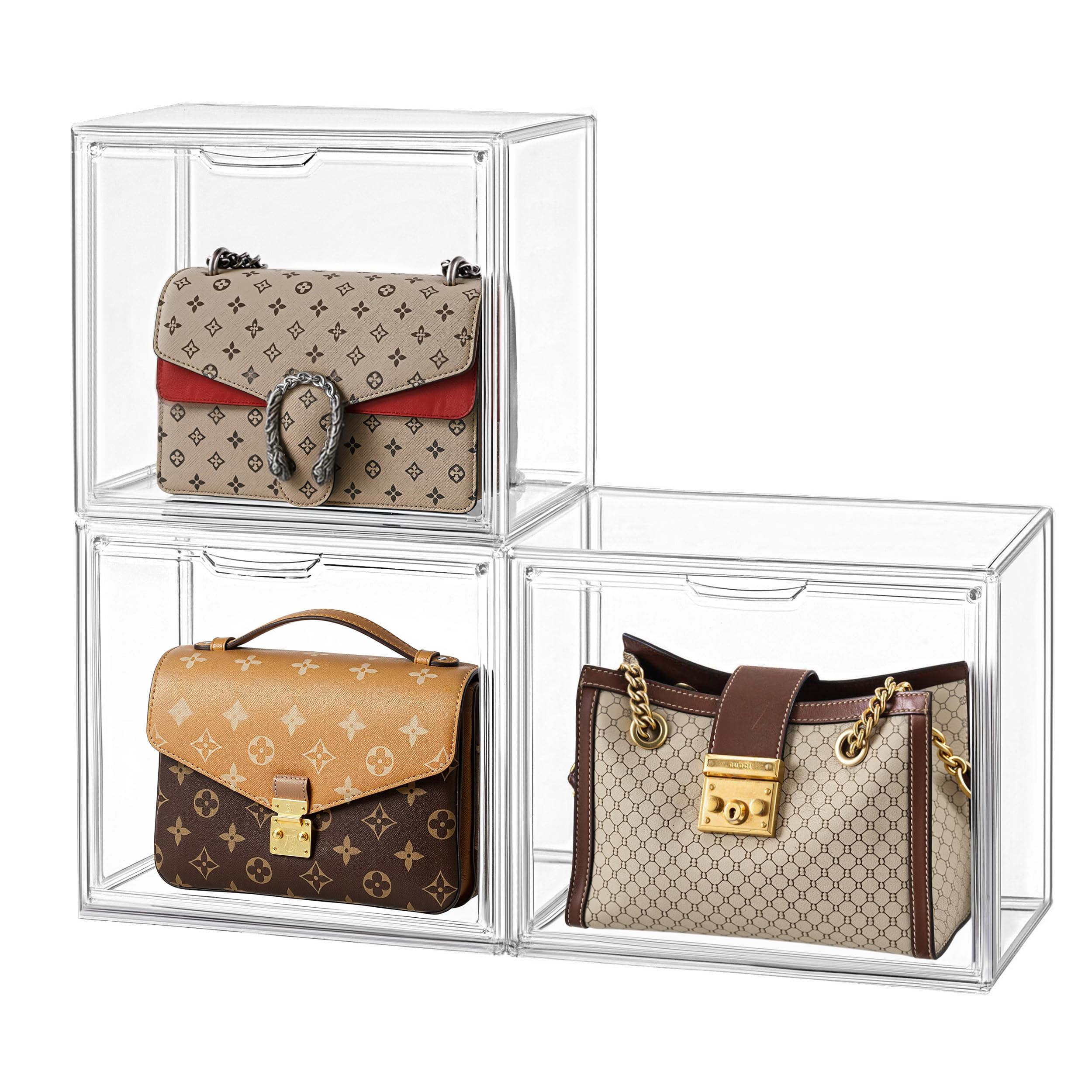 HBlife 10 Pack Purse Storage Organizer for Closet, Large Clear Stackable Handbag Display Case Box with Magnetic Door for Collectibles, Cosmetics, Women Heels and Toys