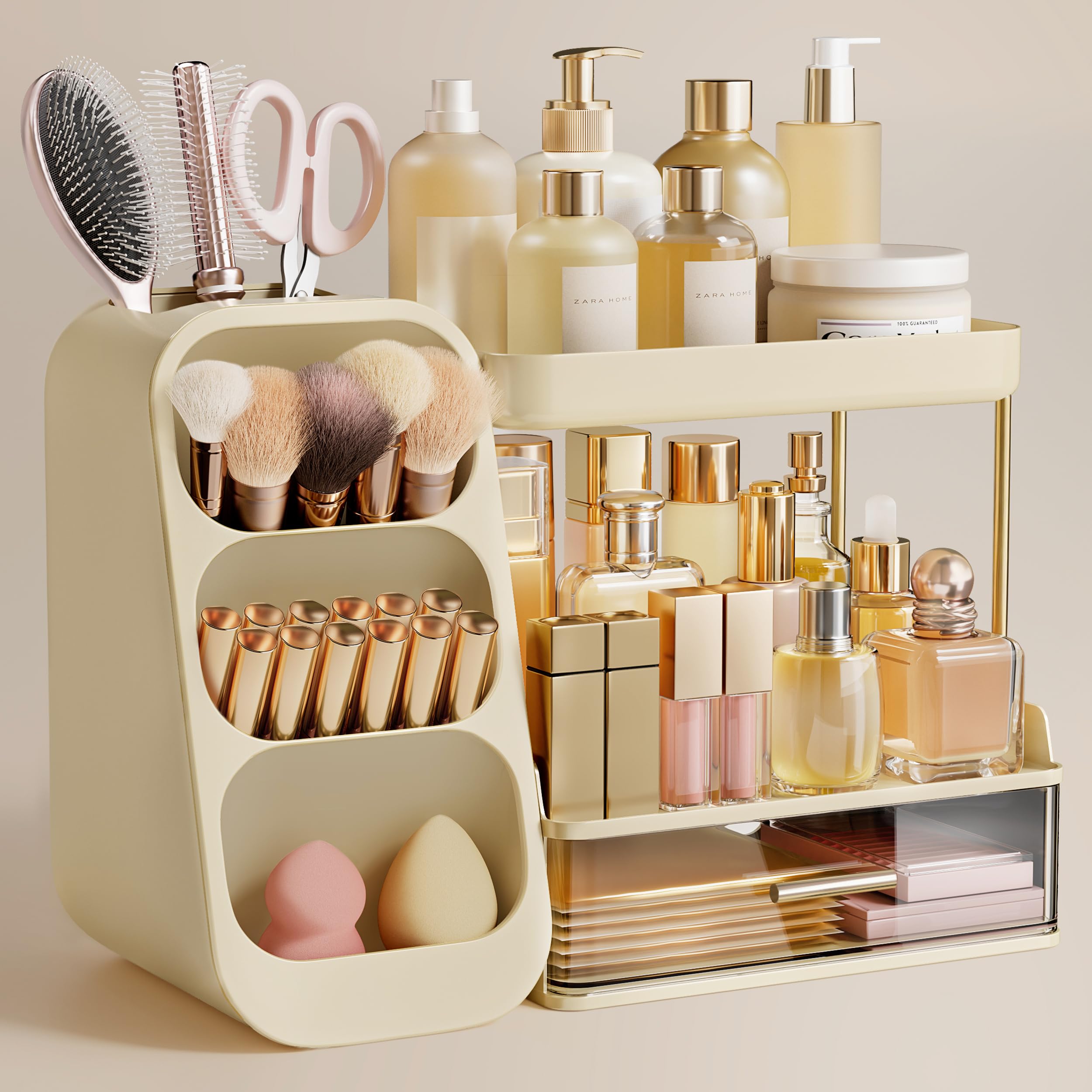 HBlife Makeup Organizer with Brush Holder for Vanity, Large Plastic Bathroom Countertop Organizer Skin Care Storage, Easy to Store Lipsticks, Nail Polishes, Perfumes, Eyeshadow Palettes, All Beige