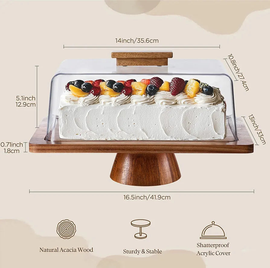 HBlife Cake Stand with Lid , Multifunctional Cake Stand with Acrylic Dome Rectangular Acacia Wood 2-in-1 Cake Plate Display Stand with Cover for Baking Gifts, Birthday Kitchen Parties, Weddings