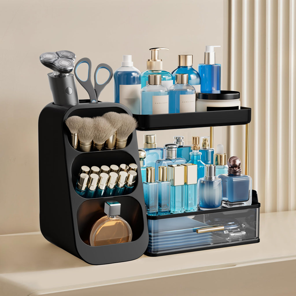 HBlife Makeup Organizer with Brush Holder for Vanity, Large Plastic Bathroom Countertop Organizer Skin Care Storage, Easy to Store Lipsticks, Nail Polishes, Perfumes, Eyeshadow Palettes, All Beige