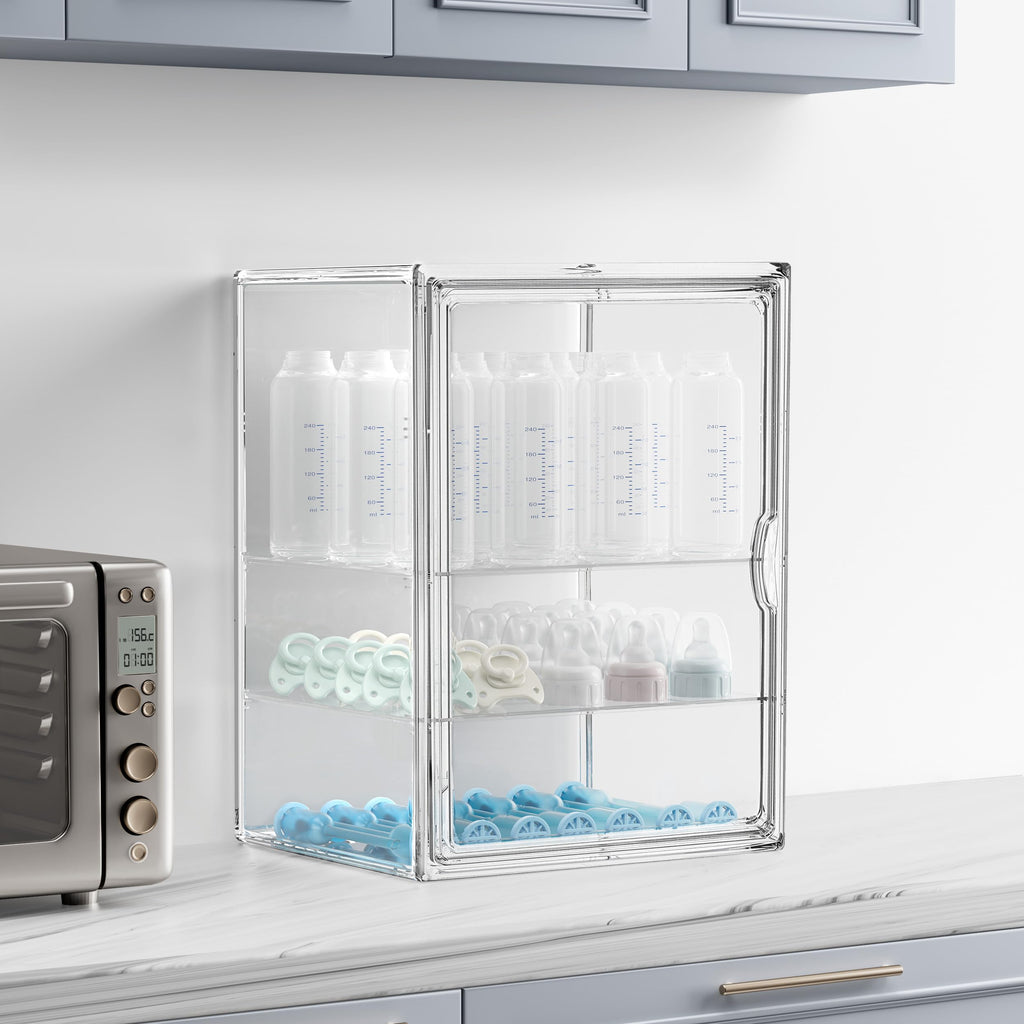 HBlife Baby Bottle Storage Organizer for Countertop Cabinet, 3 Tiers Adjustable Clear Acrylic Bottles Storage Station Case Box Container with 2 Removable Dividers and Magnetic Door, Large