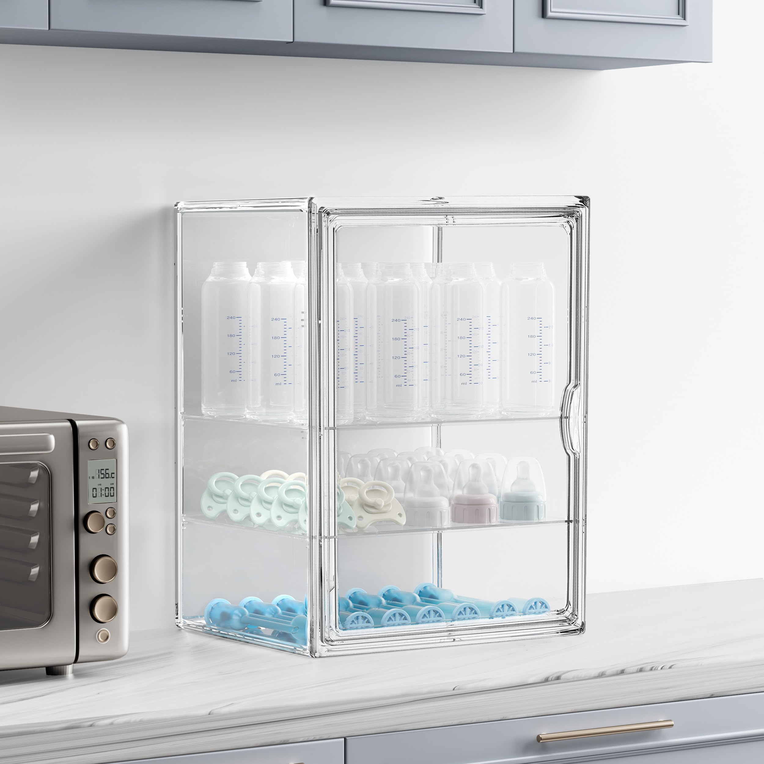 HBlife Baby Bottle Storage Organizer for Countertop Cabinet, 3 Tiers Adjustable Clear Acrylic Bottles Storage Station Case Box Container with 2 Removable Dividers and Magnetic Door, Large