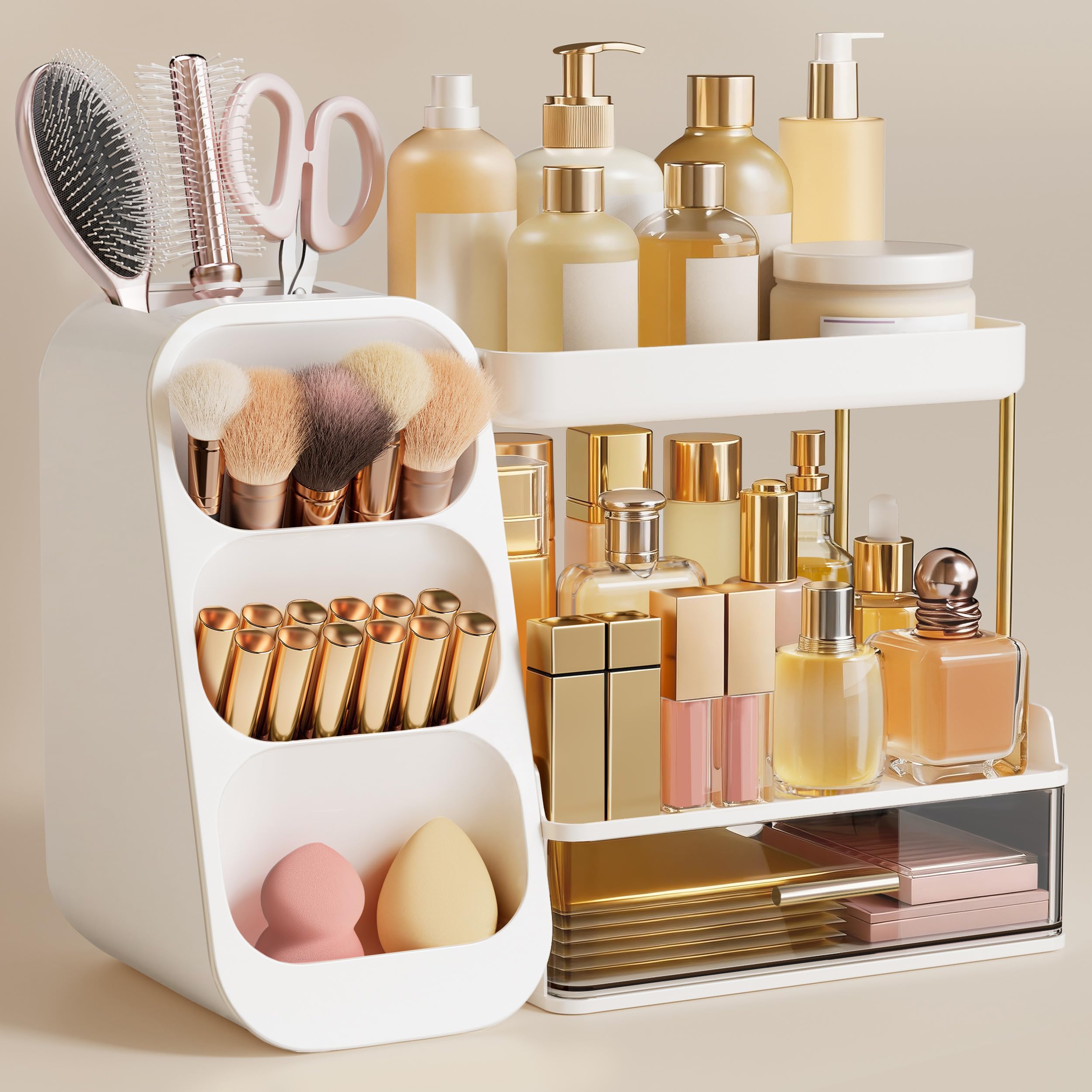 HBlife Makeup Organizer with Brush Holder for Vanity, Large Plastic Bathroom Countertop Organizer Skin Care Storage, Easy to Store Lipsticks, Nail Polishes, Perfumes, Eyeshadow Palettes, All Beige