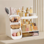 HBlife Makeup Organizer with Brush Holder for Vanity, Large Plastic Bathroom Countertop Organizer Skin Care Storage, Easy to Store Lipsticks, Nail Polishes, Perfumes, Eyeshadow Palettes, All Beige