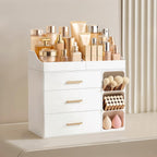 HBlife Makeup Organizer Countertop with Brush Holder,Large Bathroom Counter Organizer with Drawers,Skincare Organizers for Vanity,Plastic Dresser Organizer Storage Gift for Women Girl Mom,All White
