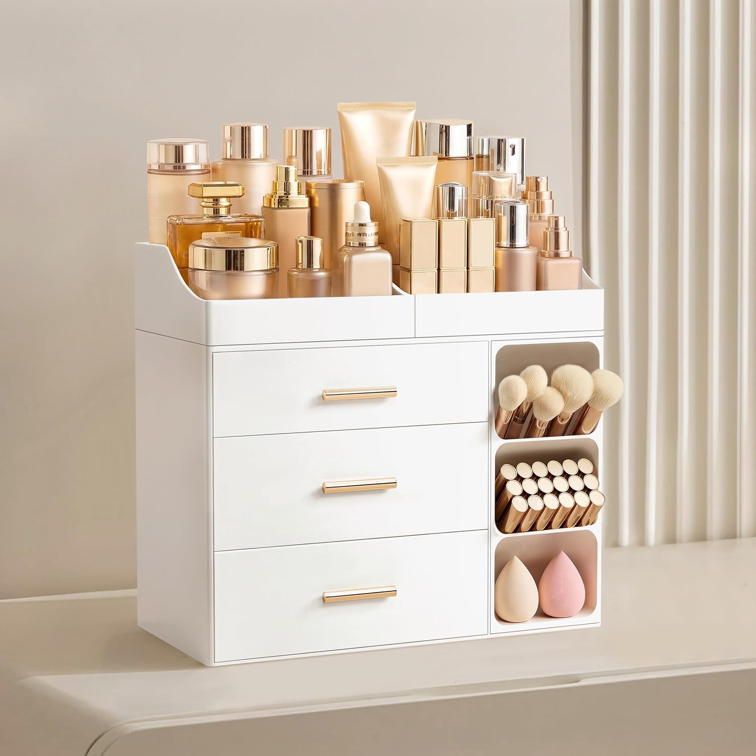 HBlife Makeup Organizer Countertop with Brush Holder,Large Bathroom Counter Organizer with Drawers,Skincare Organizers for Vanity,Plastic Dresser Organizer Storage Gift for Women Girl Mom,All White
