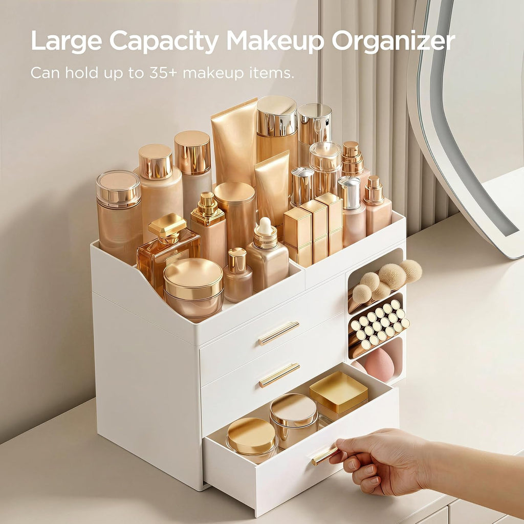 HBlife Makeup Organizer Countertop with Brush Holder,Large Bathroom Counter Organizer with Drawers,Skincare Organizers for Vanity,Plastic Dresser Organizer Storage Gift for Women Girl Mom,All White