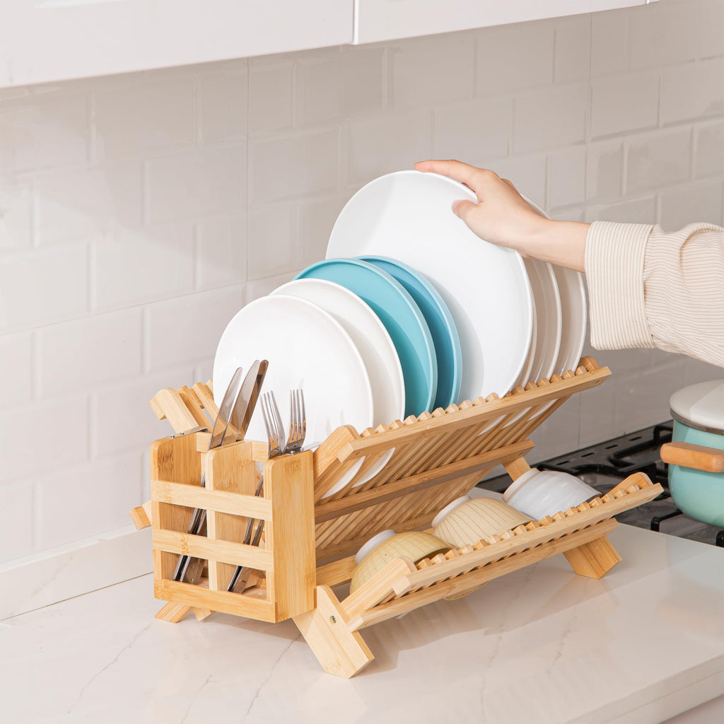 HBlife Dish Rack, Bamboo Folding 2-Tier Collapsible Drainer Dish Drying Rack with Utensils Flatware Holder Set (Dish Rack with Utensil Holder)