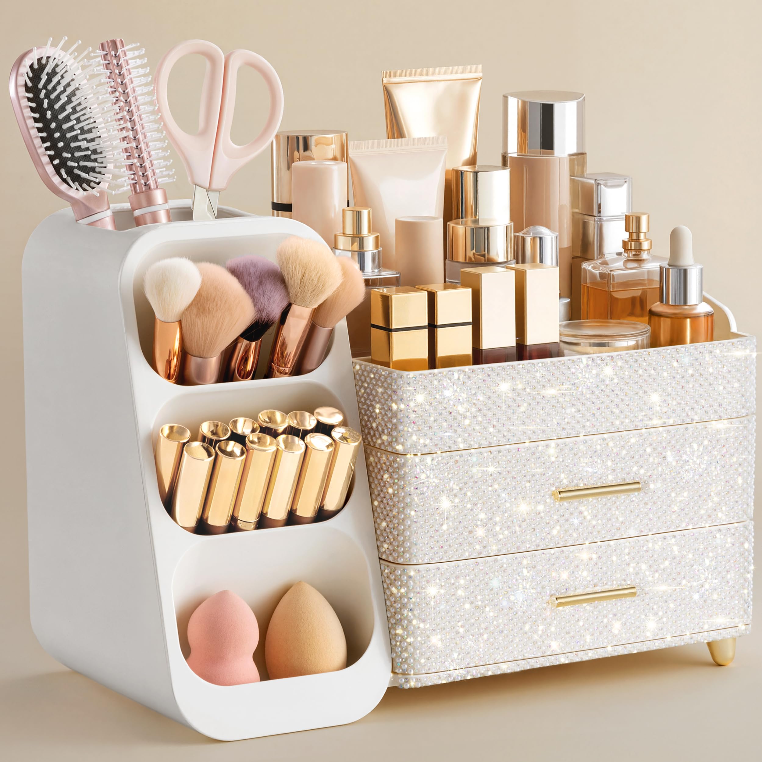 HBlife Makeup Organizer with Brush Holder for Vanity, Large Plastic Bathroom Countertop Organizer Skin Care Storage, Easy to Store Lipsticks, Nail Polishes, Perfumes, Eyeshadow Palettes, All Beige