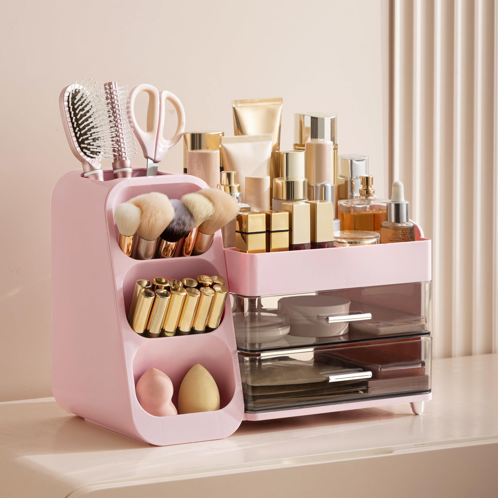 HBlife Makeup Organizer with Brush Holder for Vanity, Large Plastic Bathroom Countertop Organizer Skin Care Storage, Easy to Store Lipsticks, Nail Polishes, Perfumes, Eyeshadow Palettes, All Beige