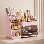 HBlife Makeup Organizer with Brush Holder for Vanity, Large Plastic Bathroom Countertop Organizer Skin Care Storage, Easy to Store Lipsticks, Nail Polishes, Perfumes, Eyeshadow Palettes, All Beige