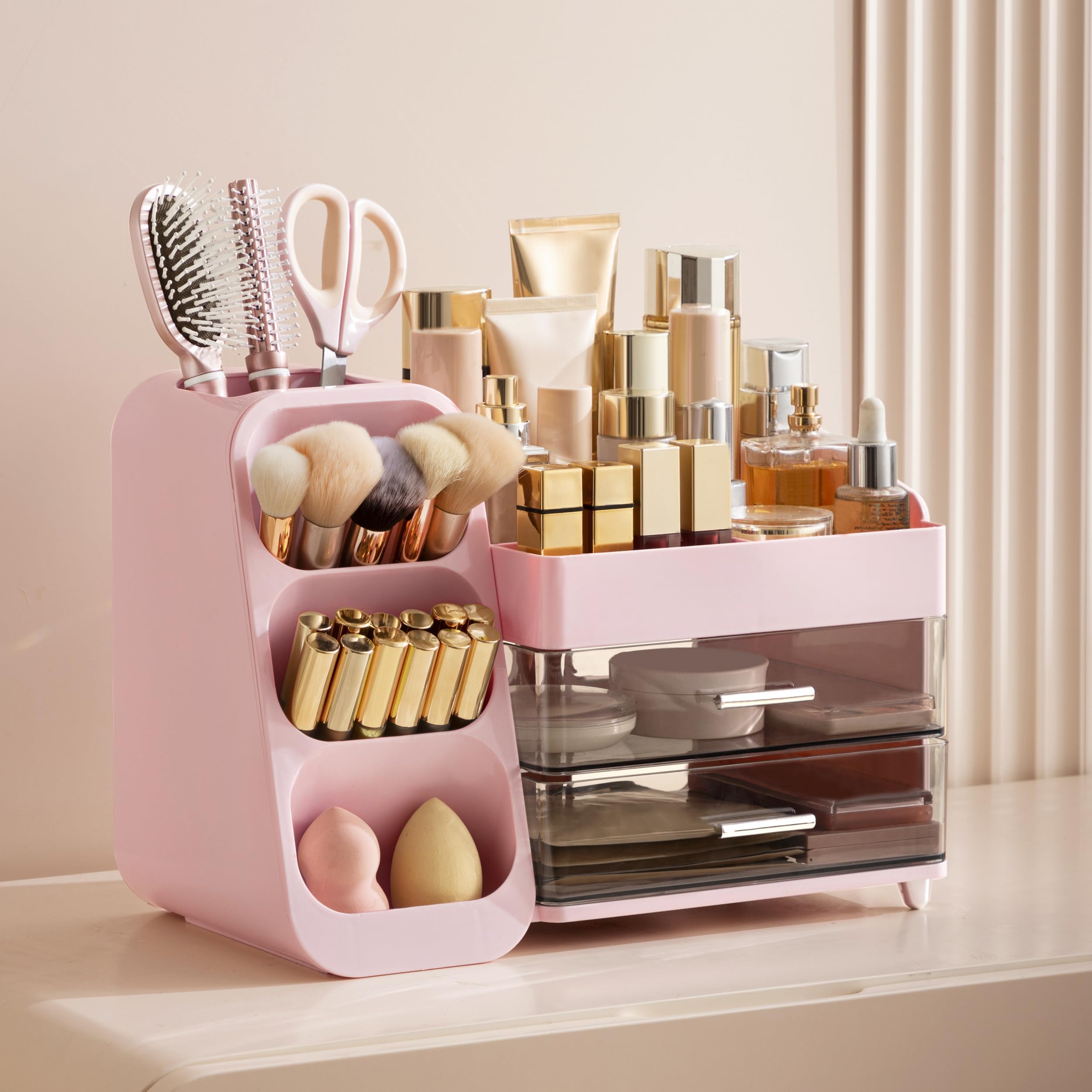 HBlife Makeup Organizer with Brush Holder for Vanity, Large Plastic Bathroom Countertop Organizer Skin Care Storage, Easy to Store Lipsticks, Nail Polishes, Perfumes, Eyeshadow Palettes, All Beige