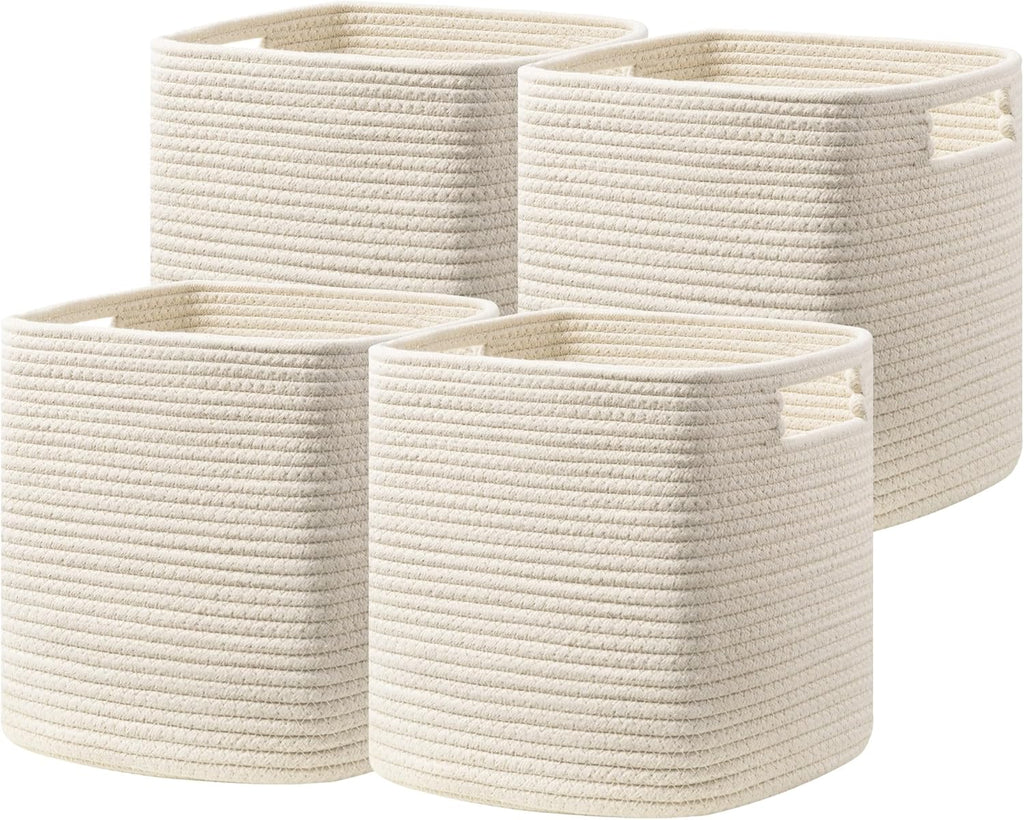 HBlife Set of 4 Storage Cubes-11 X 10.5 X 10.5 In, Cotton Rope Basket for Shelves, Toys, Book, Cube Storage Bin with Handles, Woven Storage Basket for Organizing, Beige