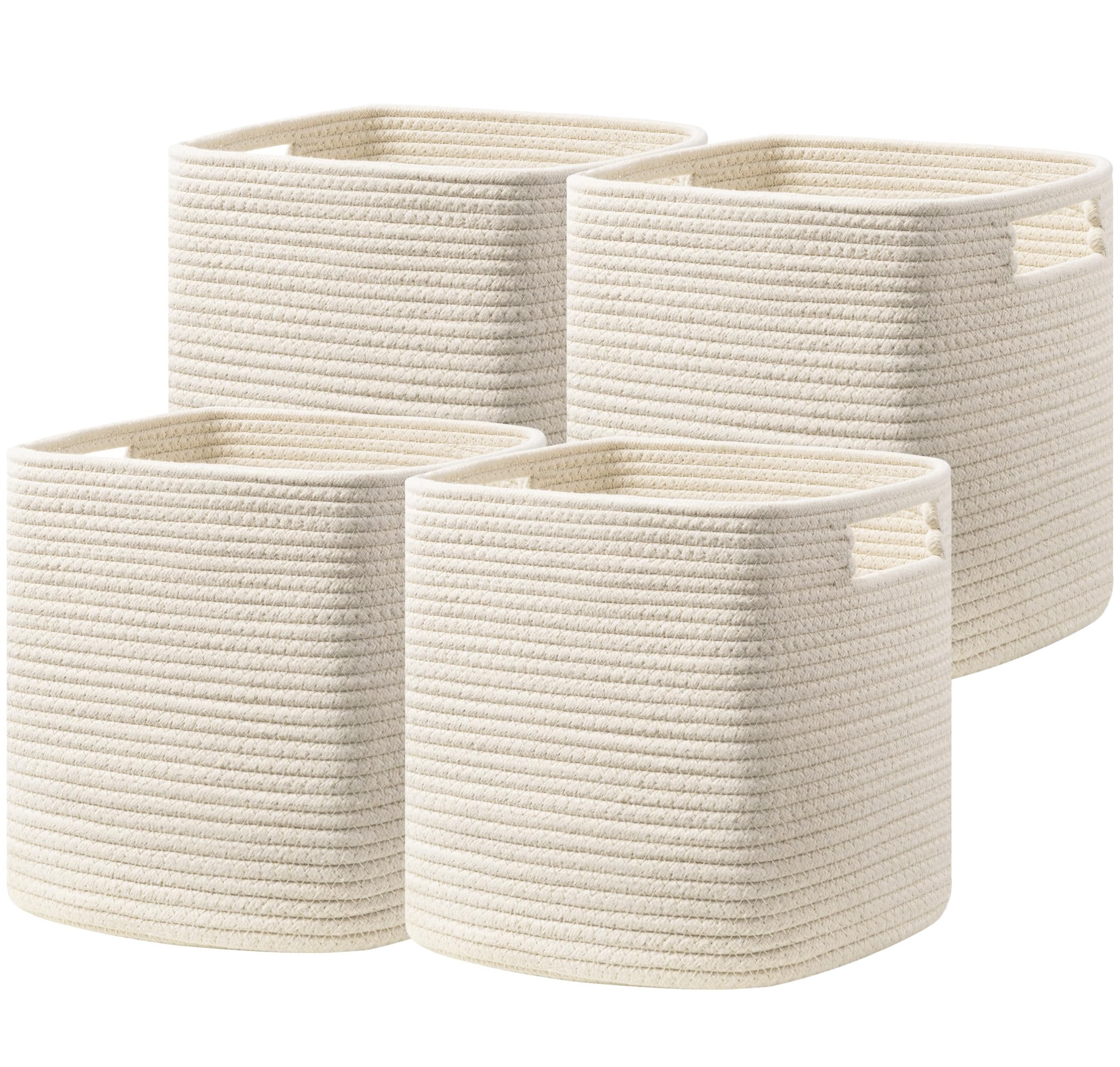 HBlife Set of 4 Storage Cubes-11 X 10.5 X 10.5 In, Cotton Rope Basket for Shelves, Toys, Book, Cube Storage Bin with Handles, Woven Storage Basket for Organizing, Beige