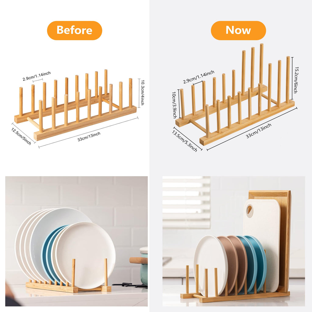 HBlife Heighten and Widen Bamboo Dish Drying Rack Plate Bowl Cup Book Pot Lid Cutting Board Stand Drainer Storage Holder Organizer for Kitchen Cabinet