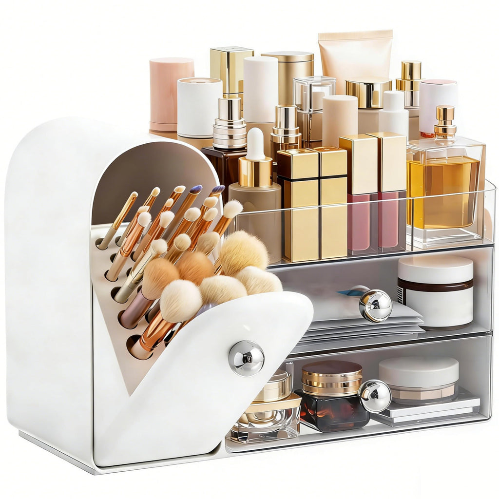 HBlife Makeup Organizer Countertop with Drawers, Vanity Organizers with Brush Holder, Bathroom Counter Organizer for Perfume, Nail Polishes, Lipsticks, Skincare and Eyeshadow Palettes