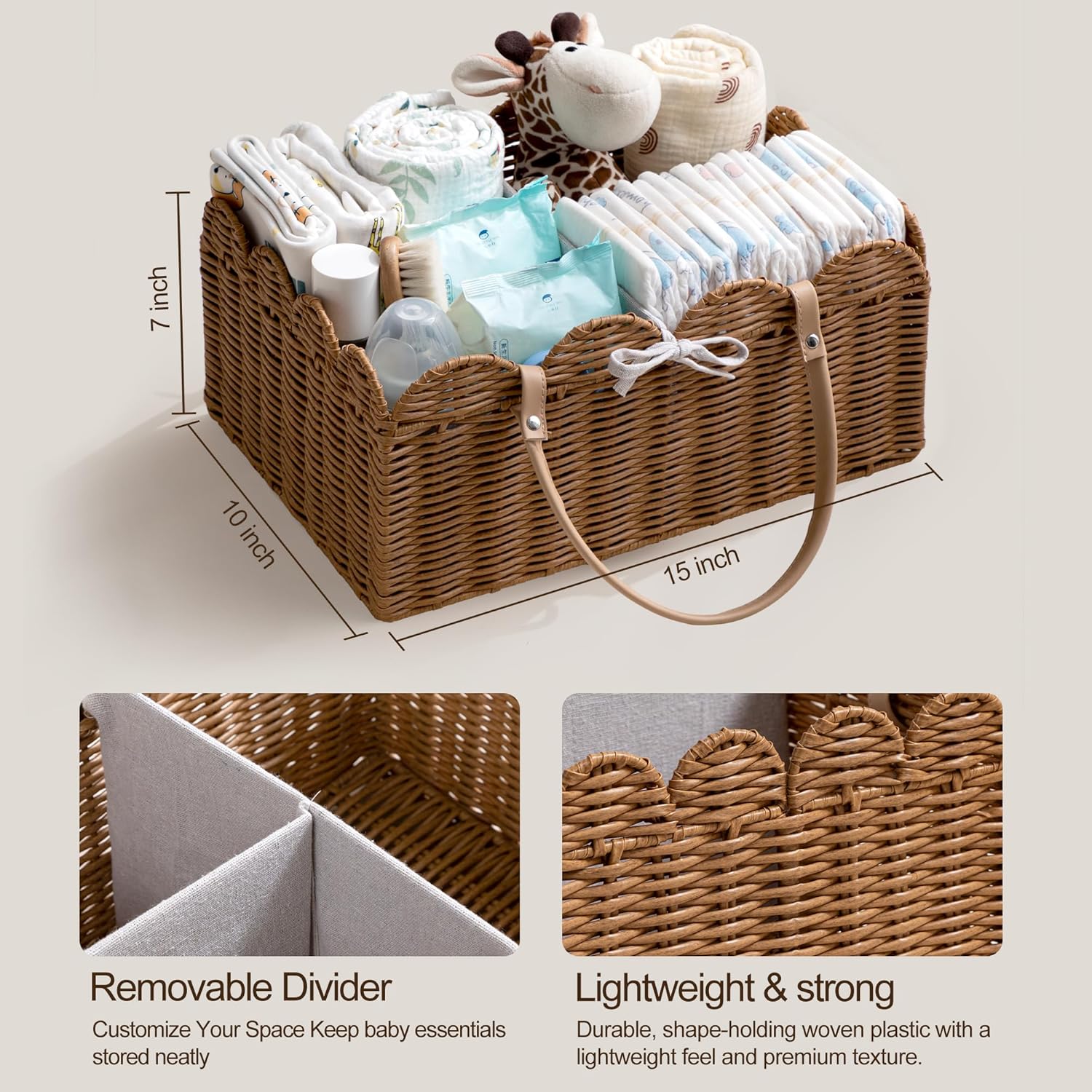 HBlife Baby Diaper Caddy Organizer, Large Portable Scalloped Plastic Wicker Woven Basket with Divider, Nursery Diaper Station, Baby Shower Gifts Basket, Car Organizer, Washable Waterproof