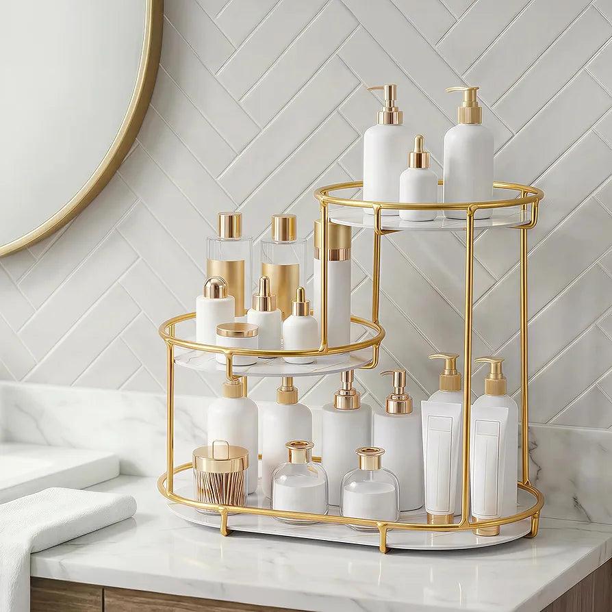 HBlife Makeup Organizer for Vanity, 3 Tier Metal Bathroom Countertop Organizers Skin Care Storage, Bathroom Counter Shelf Skincare Holder Perfume Cosmetic Display, Gold
