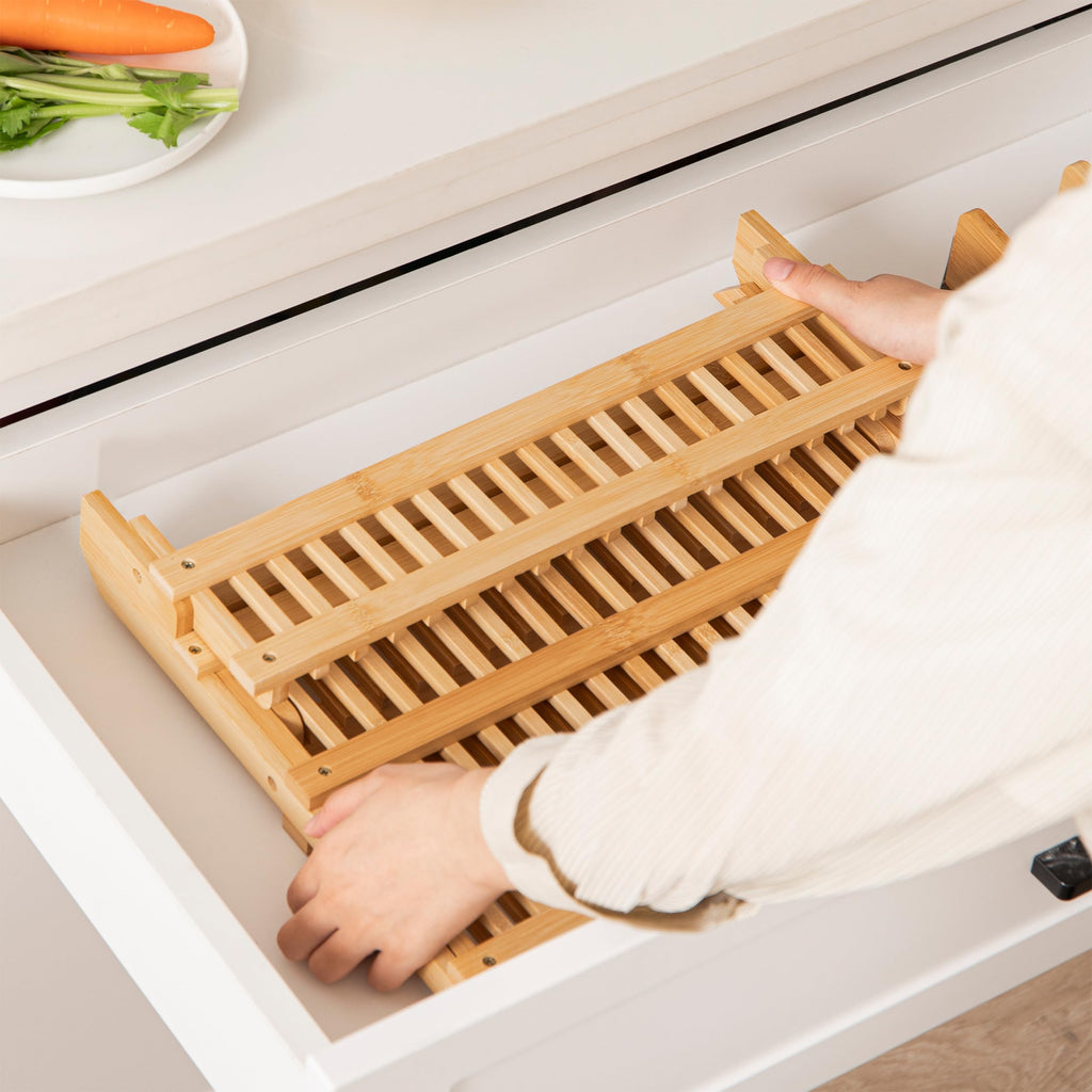 HBlife Dish Rack, Bamboo Folding 2-Tier Collapsible Drainer Dish Drying Rack with Utensils Flatware Holder Set (Dish Rack with Utensil Holder)
