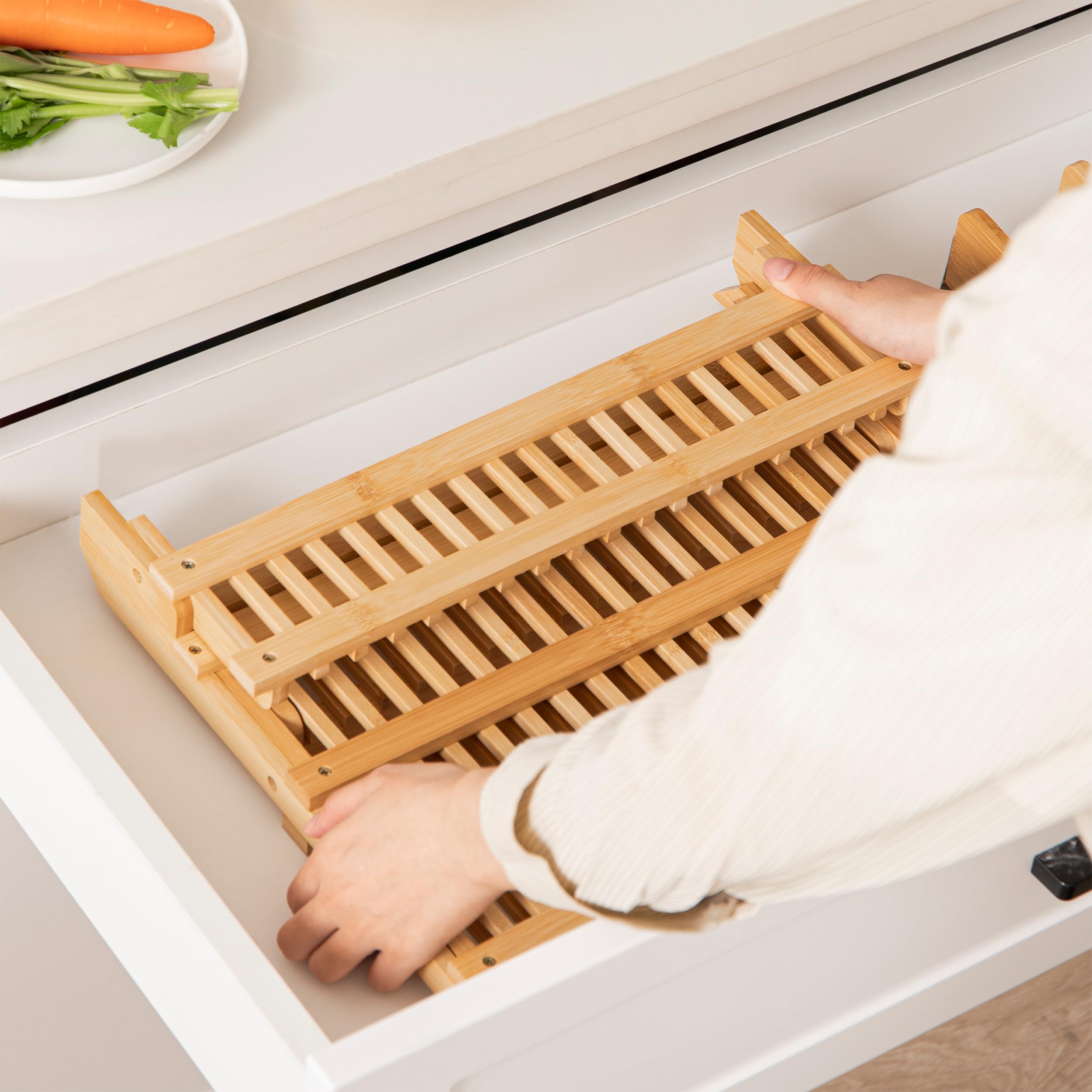 HBlife Dish Rack, Bamboo Folding 2-Tier Collapsible Drainer Dish Drying Rack with Utensils Flatware Holder Set (Dish Rack with Utensil Holder)