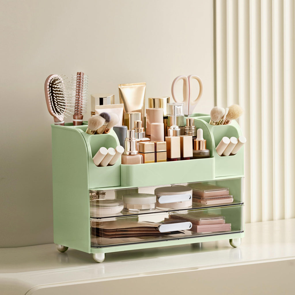 HBlife Makeup Organizer for Vanity with Brush Holder, Large Bathroom Countertop Cosmetic Organizer Skin Care Storage, Easy to Store Lipsticks, Nail Polishes, Perfumes, Eyeshadow Palettes, All White