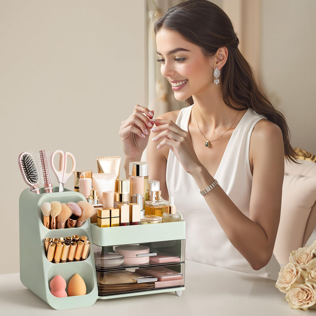 HBlife Makeup Organizer with Brush Holder for Vanity, Large Plastic Bathroom Countertop Organizer Skin Care Storage, Easy to Store Lipsticks, Nail Polishes, Perfumes, Eyeshadow Palettes, All Beige