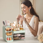 HBlife Makeup Organizer with Brush Holder for Vanity, Large Plastic Bathroom Countertop Organizer Skin Care Storage, Easy to Store Lipsticks, Nail Polishes, Perfumes, Eyeshadow Palettes, All Beige