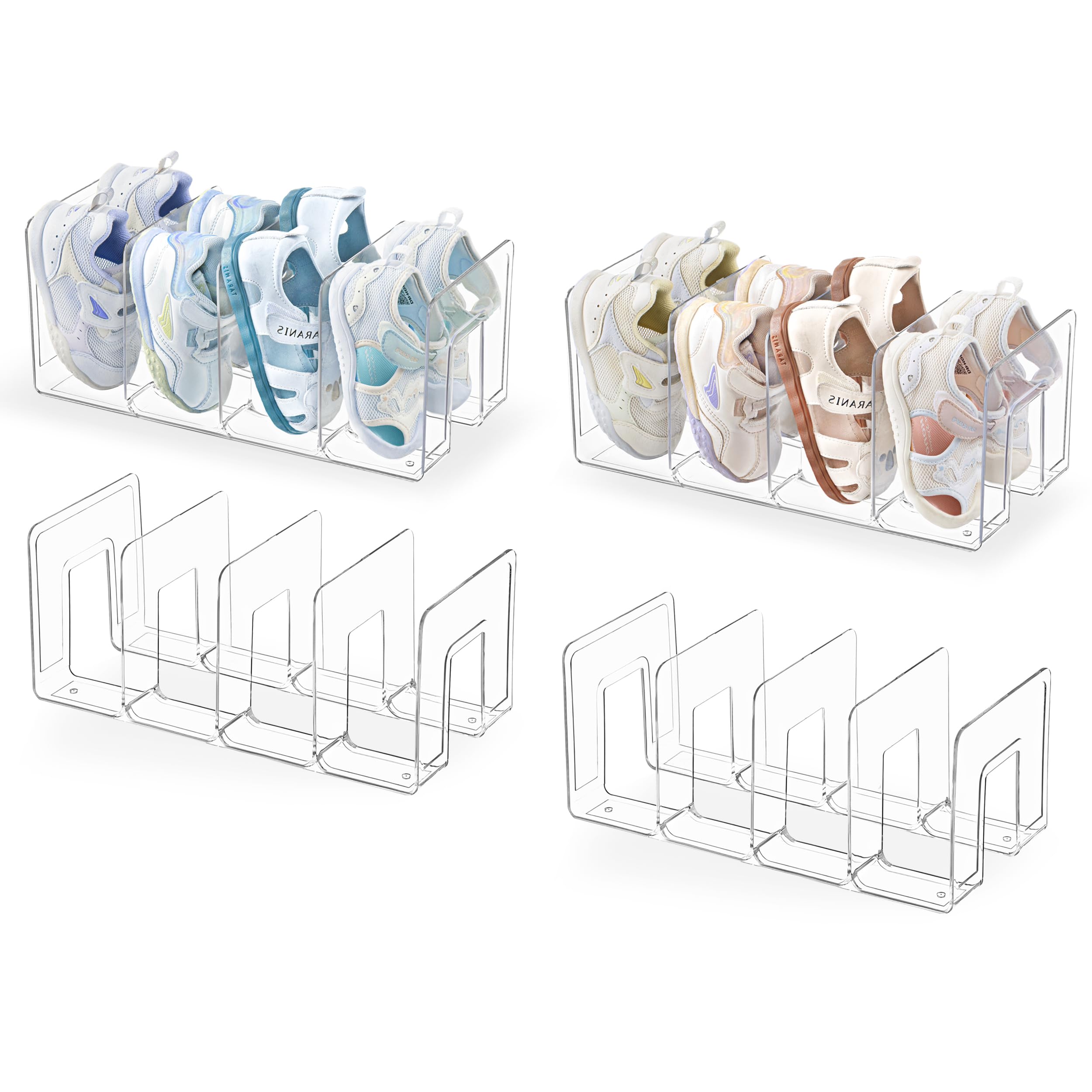 HBlife Black Acrylic Kids Shoe Rack for Closet Organizers and Storage, Small Shoe Rack 4 Sections Toddler Baby Shoe Storage Organizer Stackable Shoe Shelf,Desk File Sorter Book Purse Organizer(2 Pack)