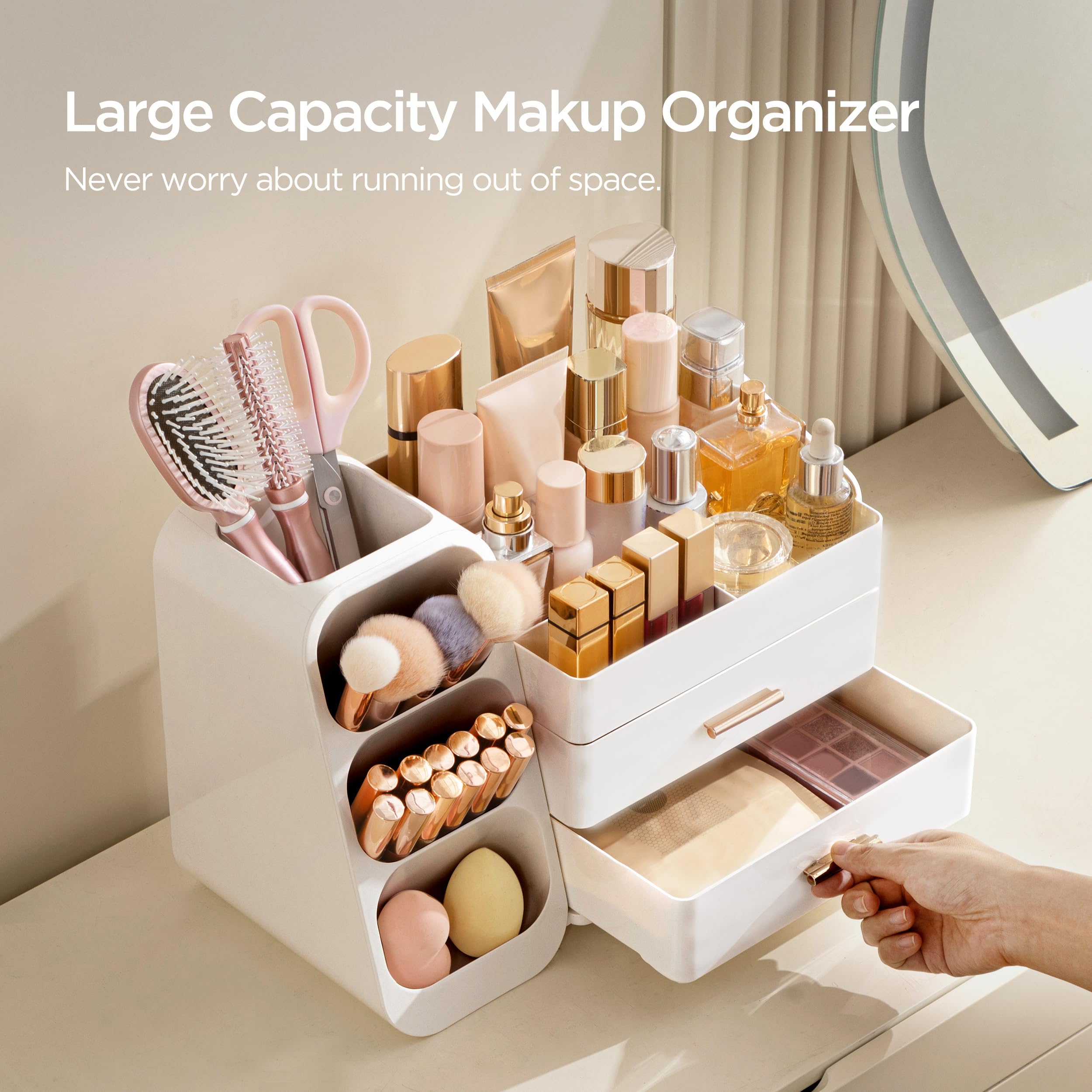 HBlife Makeup Organizer with Brush Holder for Vanity, Large Plastic Bathroom Countertop Organizer Skin Care Storage, Easy to Store Lipsticks, Nail Polishes, Perfumes, Eyeshadow Palettes, All Beige