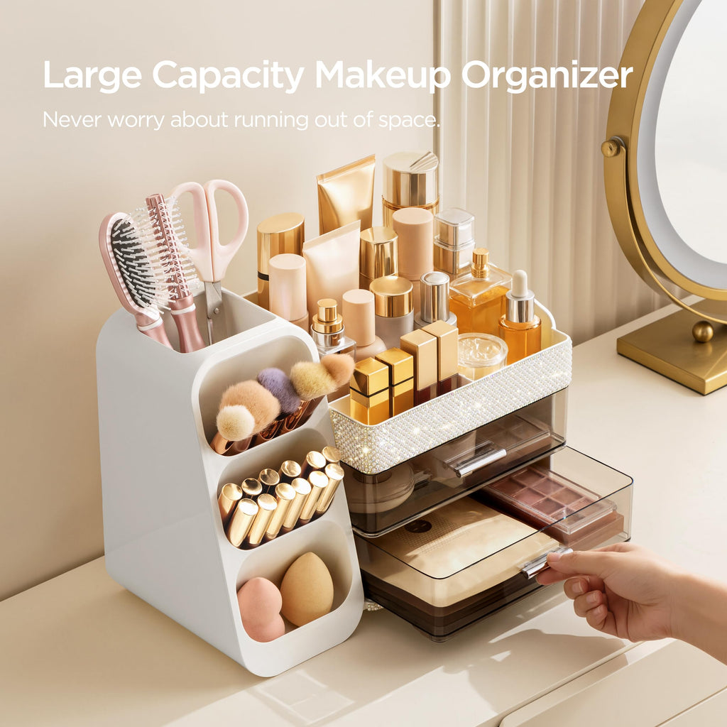 HBlife Makeup Organizer with Brush Holder for Vanity, Large Plastic Bathroom Countertop Organizer Skin Care Storage, Easy to Store Lipsticks, Nail Polishes, Perfumes, Eyeshadow Palettes, All Beige