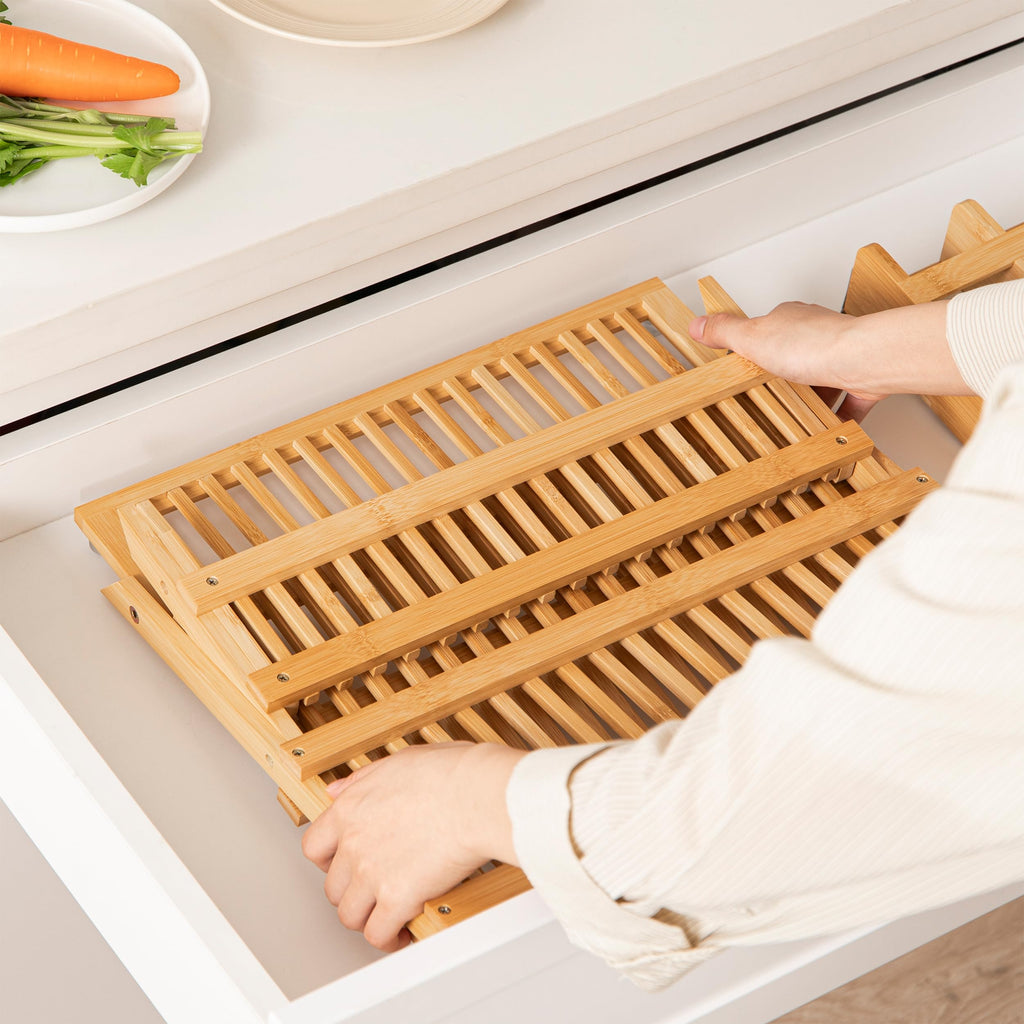 HBlife Dish Rack, Bamboo Folding 2-Tier Collapsible Drainer Dish Drying Rack with Utensils Flatware Holder Set (Dish Rack with Utensil Holder)