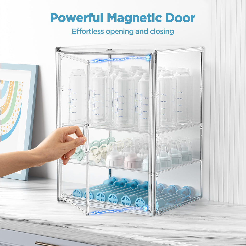 HBlife Baby Bottle Storage Organizer for Countertop Cabinet, 3 Tiers Adjustable Clear Acrylic Bottles Storage Station Case Box Container with 2 Removable Dividers and Magnetic Door, Large