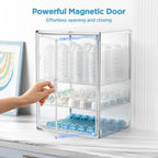 HBlife Baby Bottle Storage Organizer for Countertop Cabinet, 3 Tiers Adjustable Clear Acrylic Bottles Storage Station Case Box Container with 2 Removable Dividers and Magnetic Door, Large