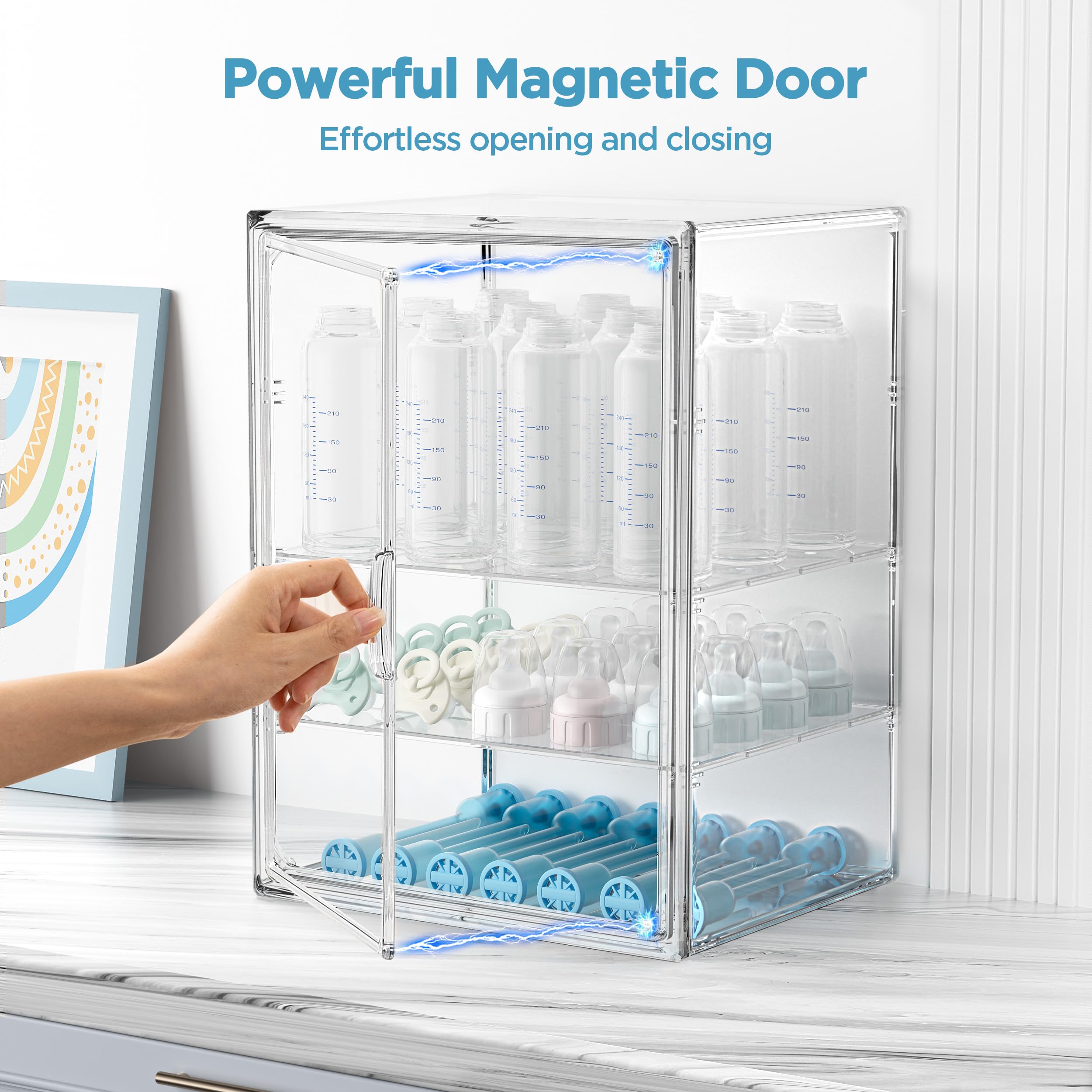 HBlife Baby Bottle Storage Organizer for Countertop Cabinet, 3 Tiers Adjustable Clear Acrylic Bottles Storage Station Case Box Container with 2 Removable Dividers and Magnetic Door, Large