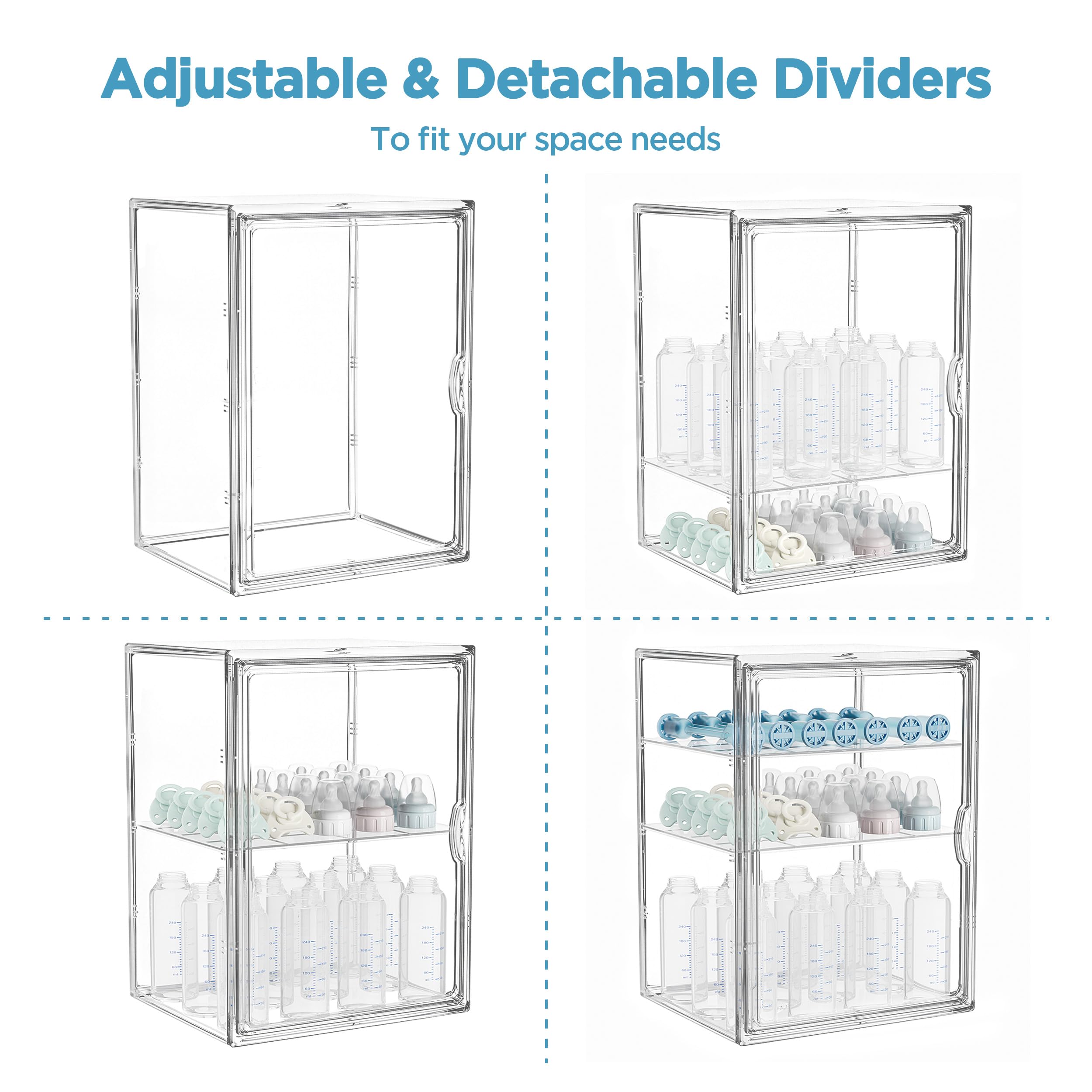 HBlife Baby Bottle Storage Organizer for Countertop Cabinet, 3 Tiers Adjustable Clear Acrylic Bottles Storage Station Case Box Container with 2 Removable Dividers and Magnetic Door, Large