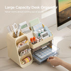 HBlife Desk Organizer with Pen Pencil Holder for Desk, Pen Organizer with 2 Drawers, Desk Organizers and Accessories with 4 Compartments, Desktop Storage for Office Home School Art Supplies, Beige