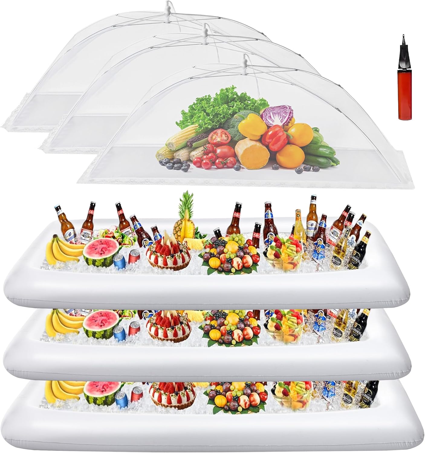 HBlife Inflatable Serving Bar with Jumbo Mesh Food Cover, Party Supplies for Picnics BBQ Gathering, 1 Inflatable Cooler, 1 Large Food Tents Food Covers for Outside