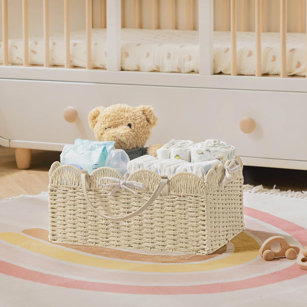 HBlife Large Baby Diaper Caddy, Paper Rope Storage Baskets Nursery Bin with Removable Divider, Portable Car Organizer for Diapers, Baby Shower Gifts, Newborn Essentials Must Haves