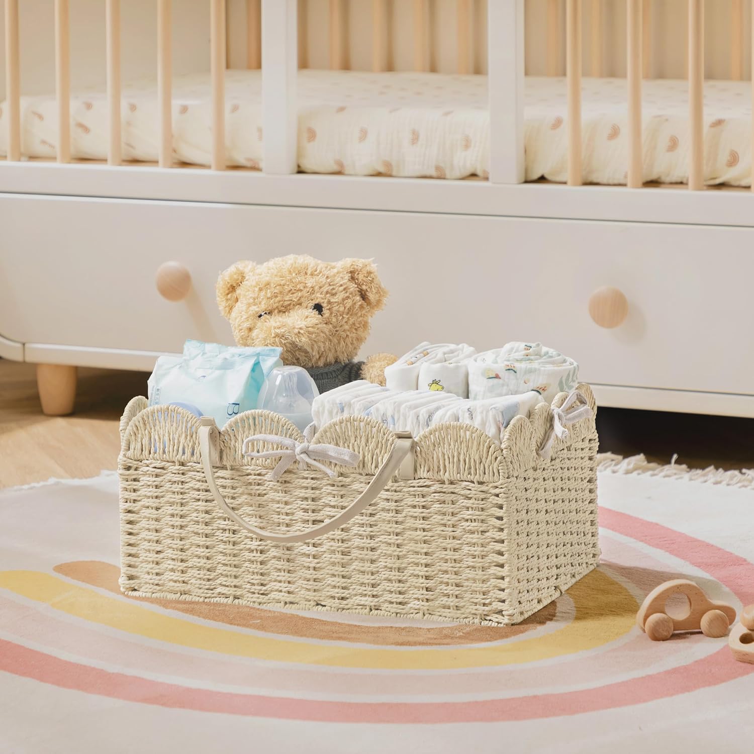 HBlife Large Baby Diaper Caddy, Paper Rope Storage Baskets Nursery Bin with Removable Divider, Portable Car Organizer for Diapers, Baby Shower Gifts, Newborn Essentials Must Haves