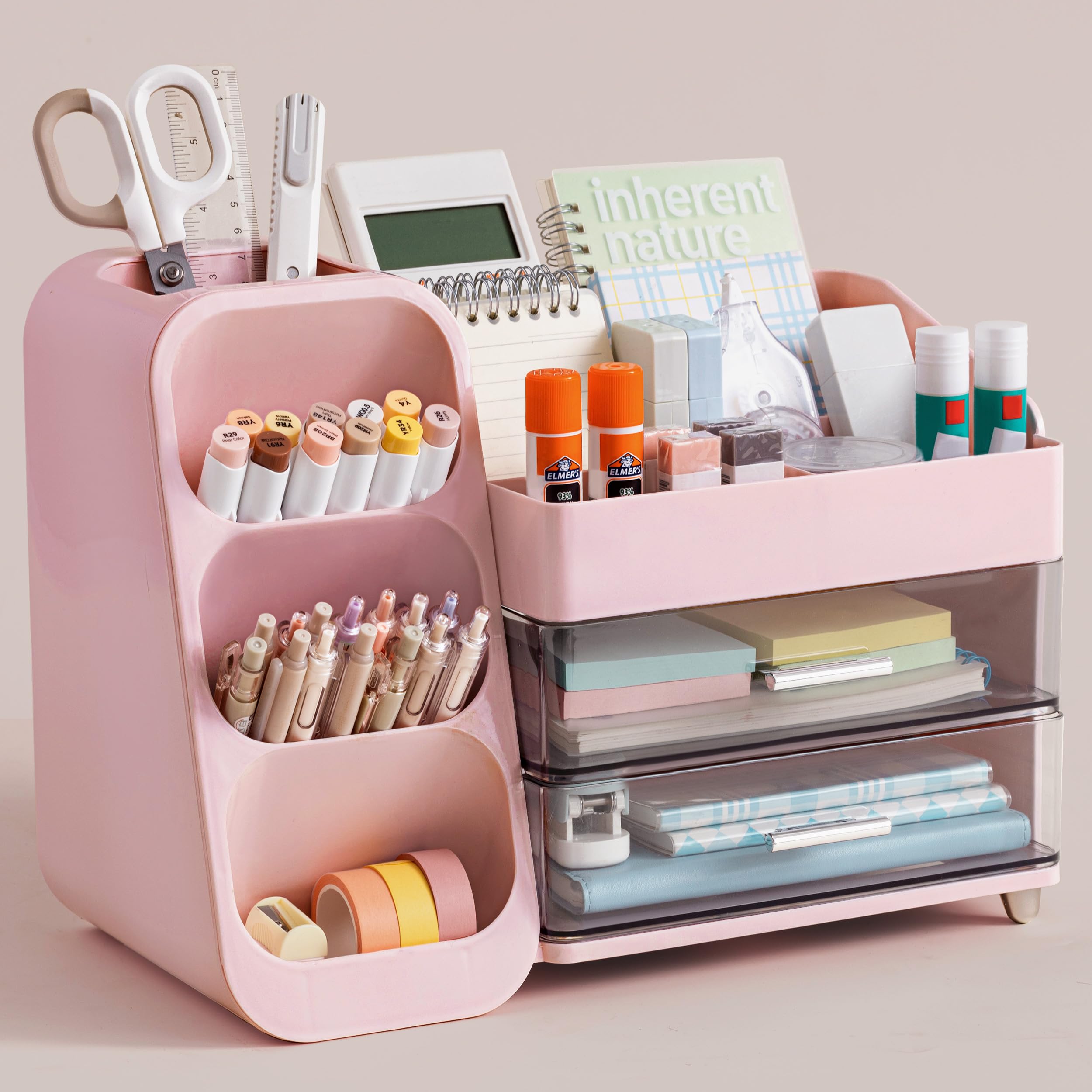 HBlife Desk Organizer with Pen Pencil Holder for Desk, Pen Organizer with 2 Drawers, Desk Organizers and Accessories with 4 Compartments, Desktop Storage for Office Home School Art Supplies, Beige