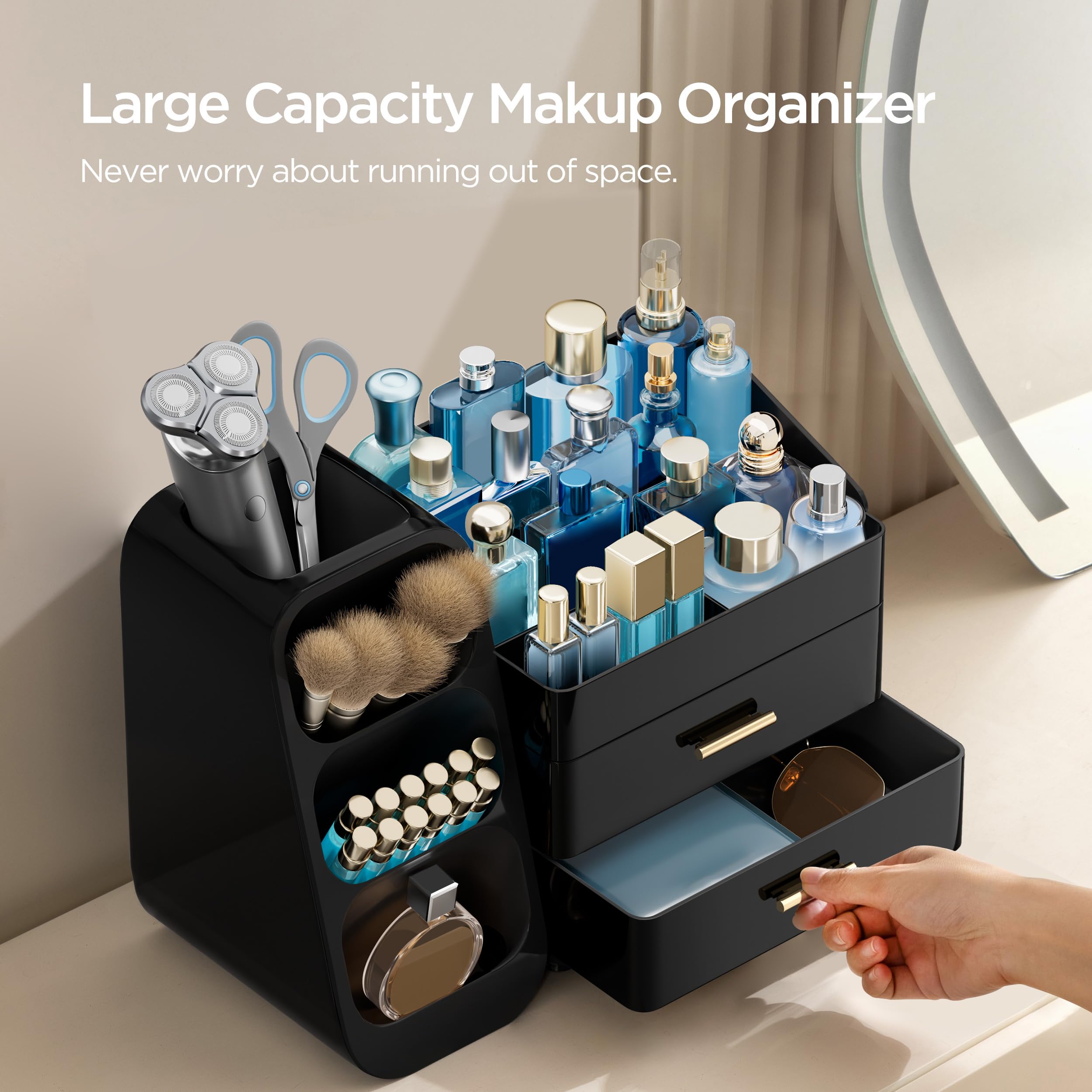 HBlife Makeup Organizer with Brush Holder for Vanity, Large Plastic Bathroom Countertop Organizer Skin Care Storage, Easy to Store Lipsticks, Nail Polishes, Perfumes, Eyeshadow Palettes, All Beige