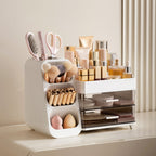 HBlife Makeup Organizer with Brush Holder for Vanity, Large Plastic Bathroom Countertop Organizer Skin Care Storage, Easy to Store Lipsticks, Nail Polishes, Perfumes, Eyeshadow Palettes, All Beige