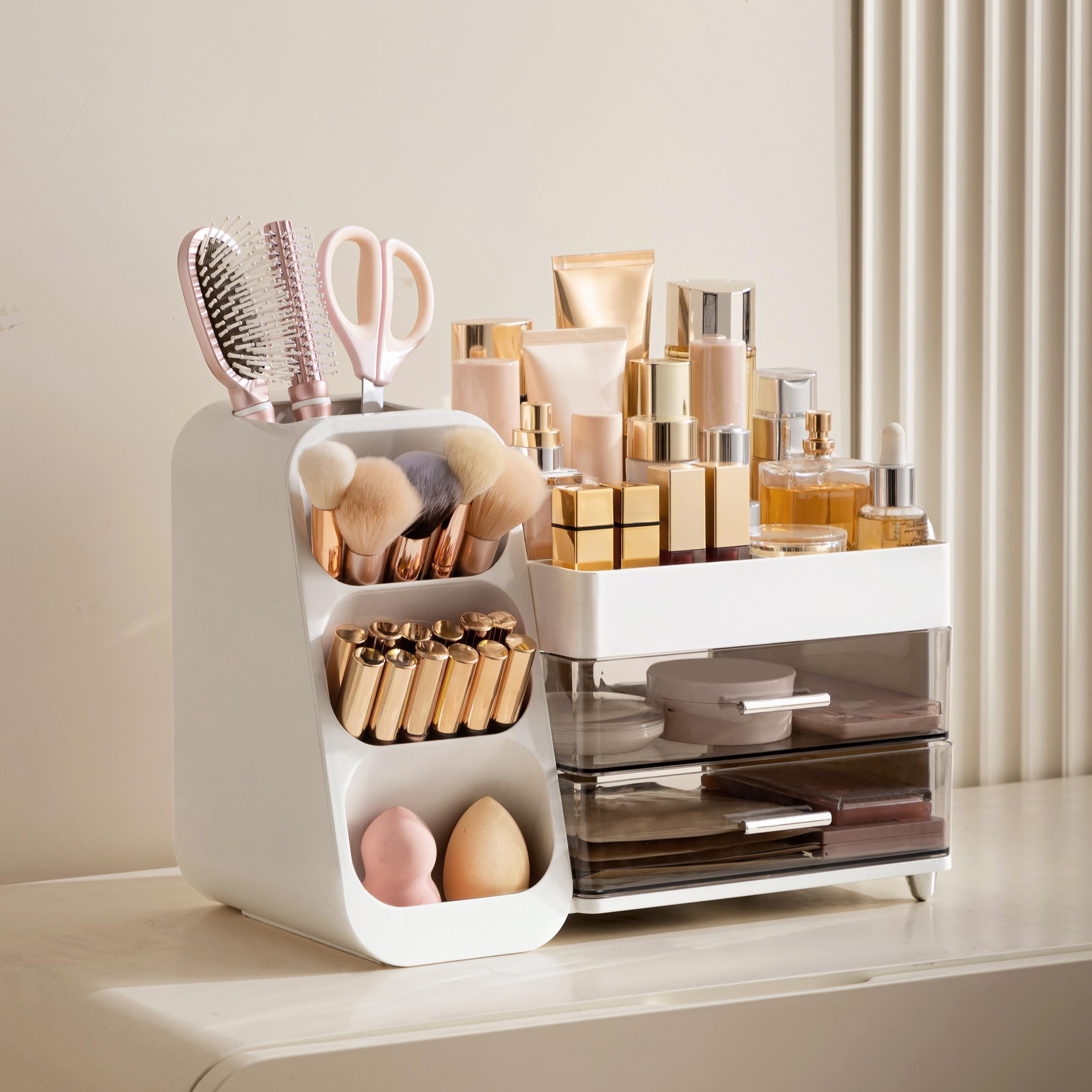 HBlife Makeup Organizer with Brush Holder for Vanity, Large Plastic Bathroom Countertop Organizer Skin Care Storage, Easy to Store Lipsticks, Nail Polishes, Perfumes, Eyeshadow Palettes, All Beige