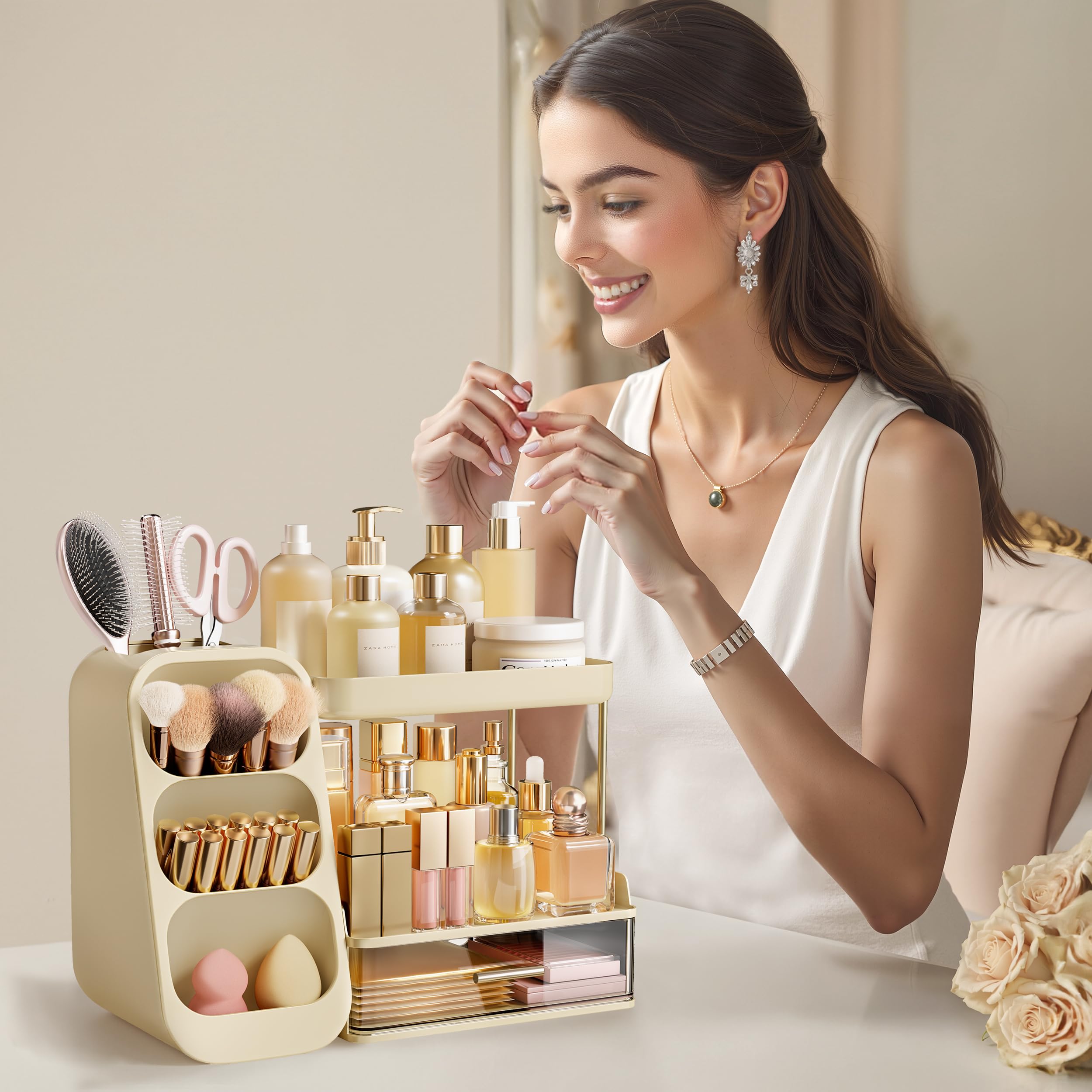 HBlife Makeup Organizer with Brush Holder for Vanity, Large Plastic Bathroom Countertop Organizer Skin Care Storage, Easy to Store Lipsticks, Nail Polishes, Perfumes, Eyeshadow Palettes, All Beige