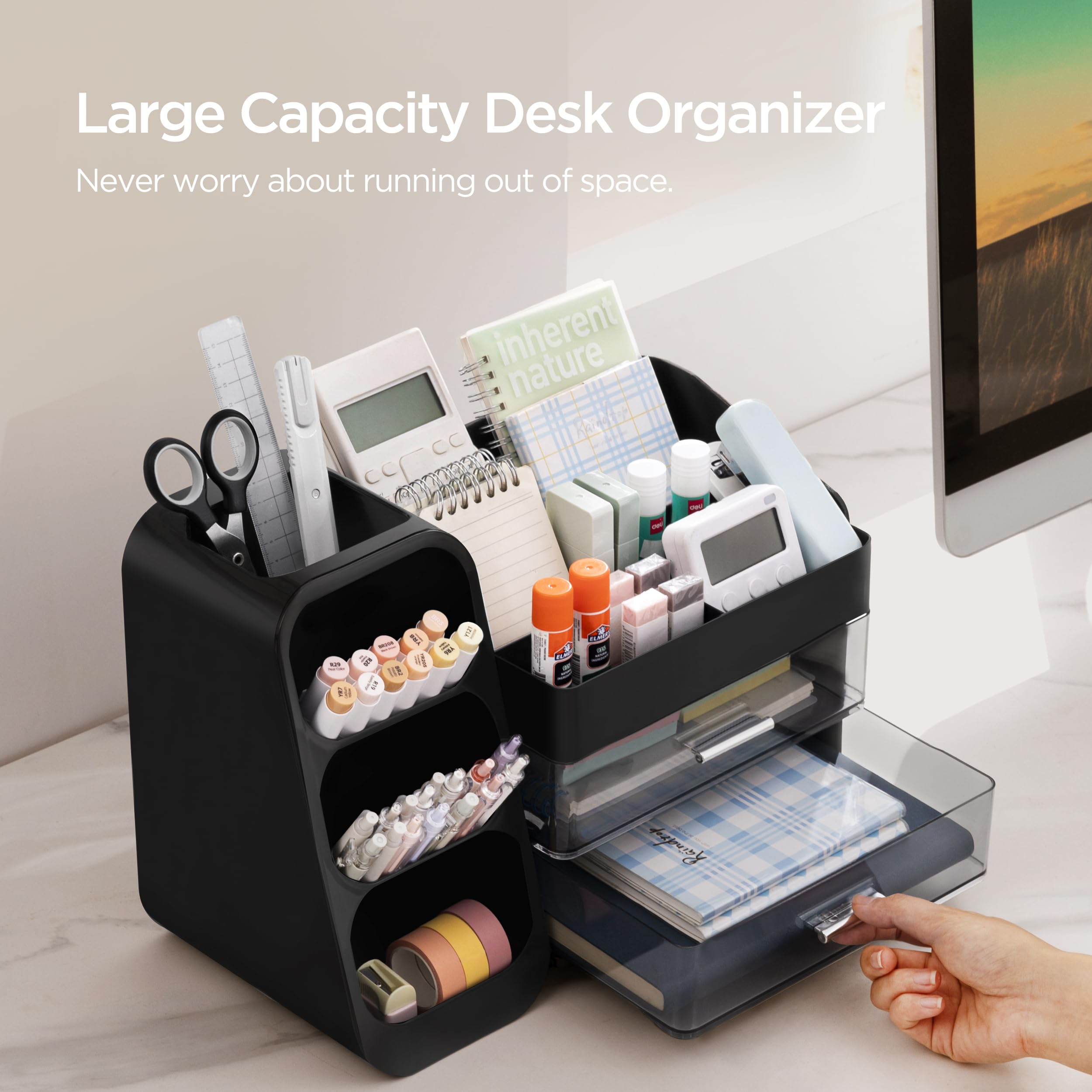 HBlife Desk Organizer with Pen Pencil Holder for Desk, Pen Organizer with 2 Drawers, Desk Organizers and Accessories with 4 Compartments, Desktop Storage for Office Home School Art Supplies, Beige
