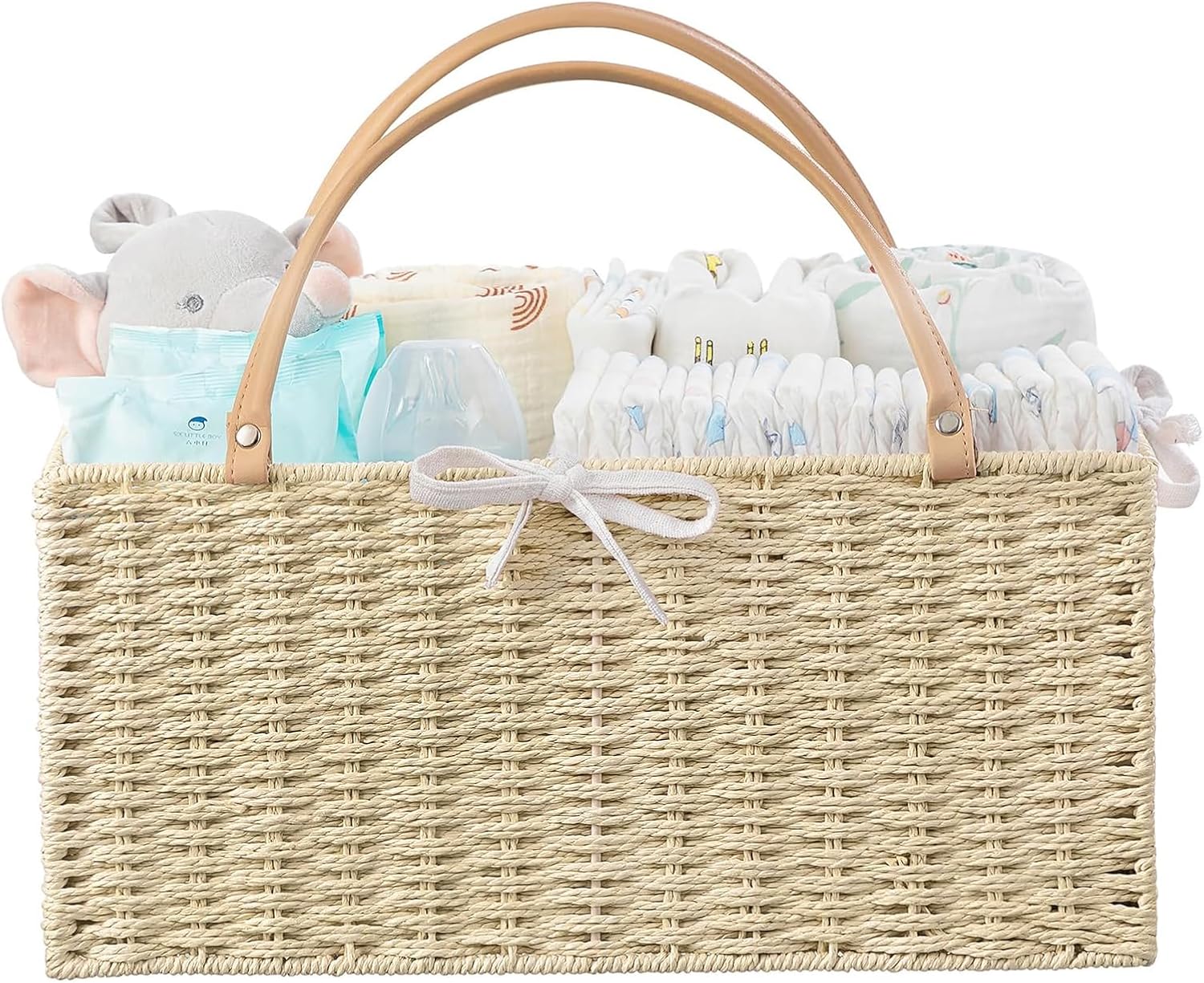 HBlife Large Baby Diaper Caddy Organizer, Paper Rope Storage Baskets Nursery Bin with Removable Divider, Portable Car Organizer for Diapers, Baby Shower Gifts, Newborn Essentials Must Haves