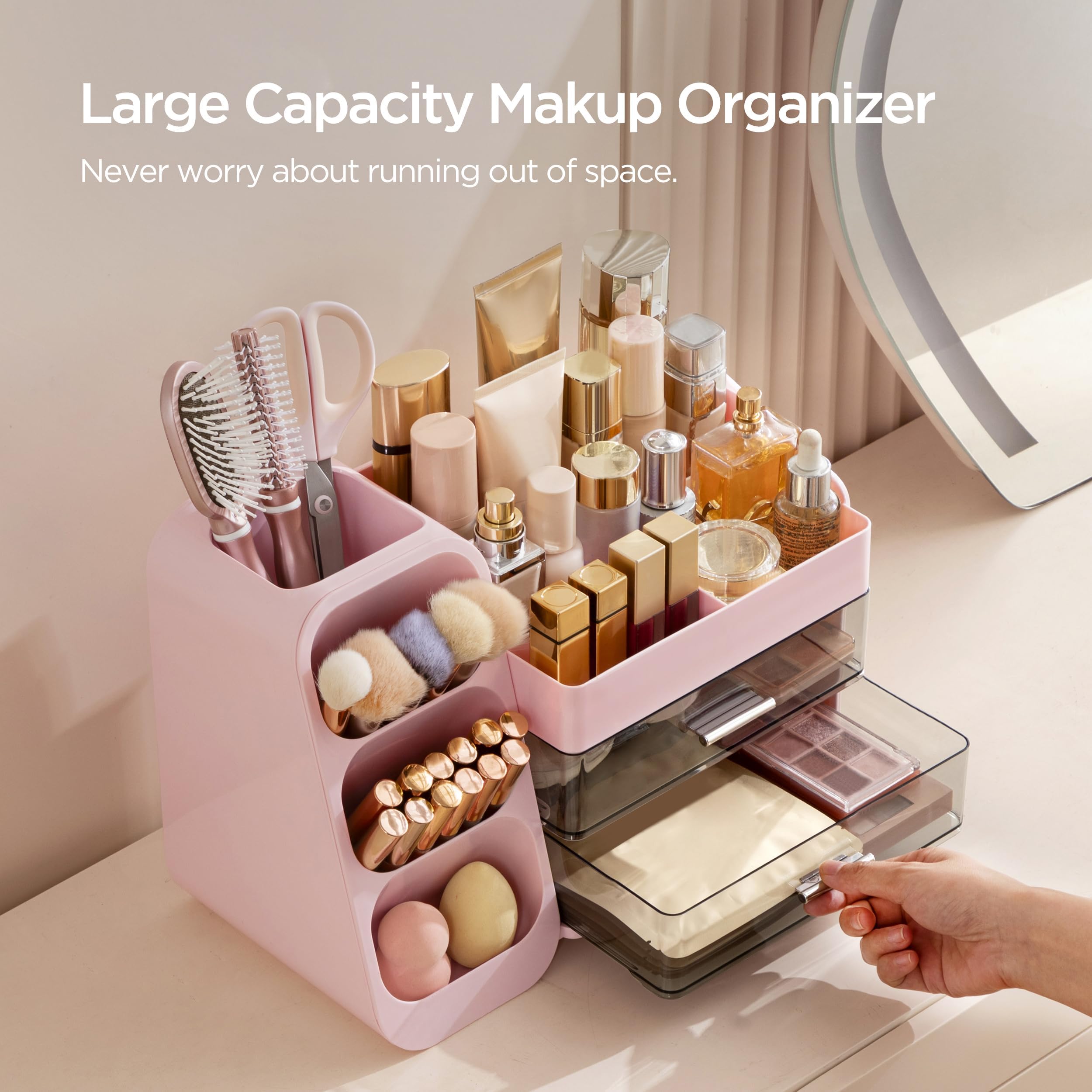 HBlife Makeup Organizer with Brush Holder for Vanity, Large Plastic Bathroom Countertop Organizer Skin Care Storage, Easy to Store Lipsticks, Nail Polishes, Perfumes, Eyeshadow Palettes, All Beige