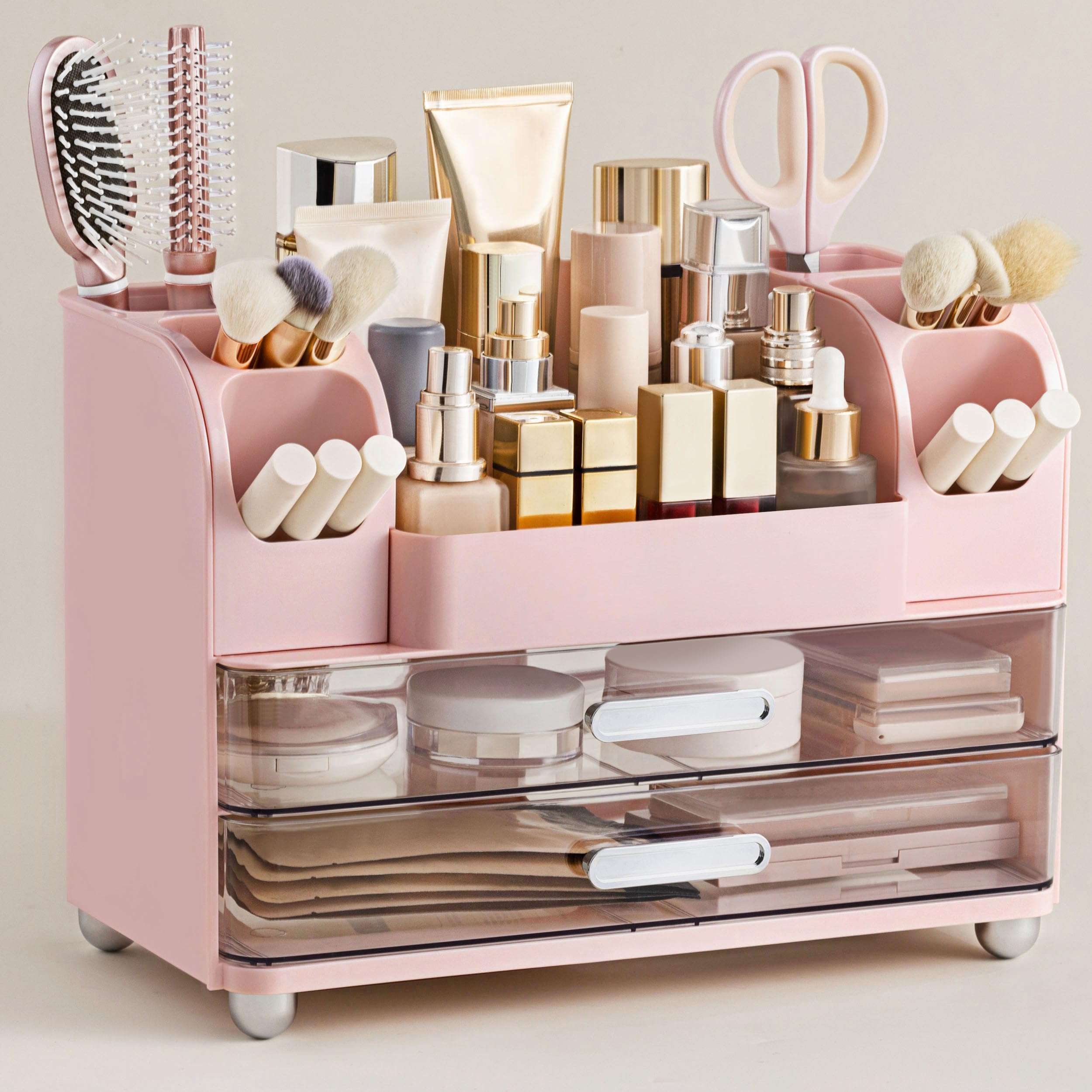 HBlife Makeup Organizer for Vanity with Brush Holder, Large Bathroom Countertop Cosmetic Organizer Skin Care Storage, Easy to Store Lipsticks, Nail Polishes, Perfumes, Eyeshadow Palettes, All White