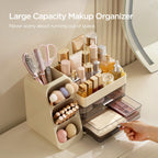 HBlife Makeup Organizer with Brush Holder for Vanity, Large Plastic Bathroom Countertop Organizer Skin Care Storage, Easy to Store Lipsticks, Nail Polishes, Perfumes, Eyeshadow Palettes, All Beige