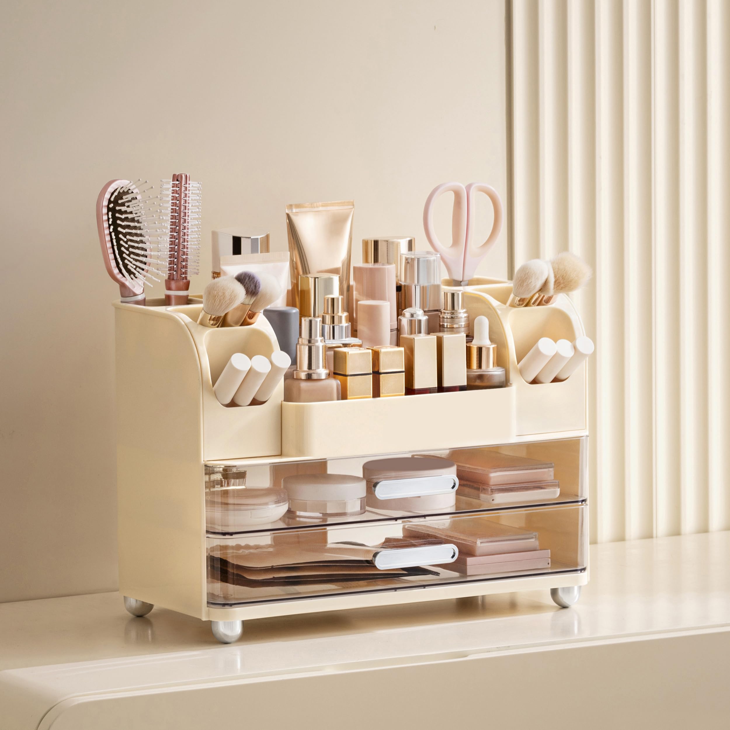 HBlife Makeup Organizer for Vanity with Brush Holder, Large Bathroom Countertop Cosmetic Organizer Skin Care Storage, Easy to Store Lipsticks, Nail Polishes, Perfumes, Eyeshadow Palettes, All White